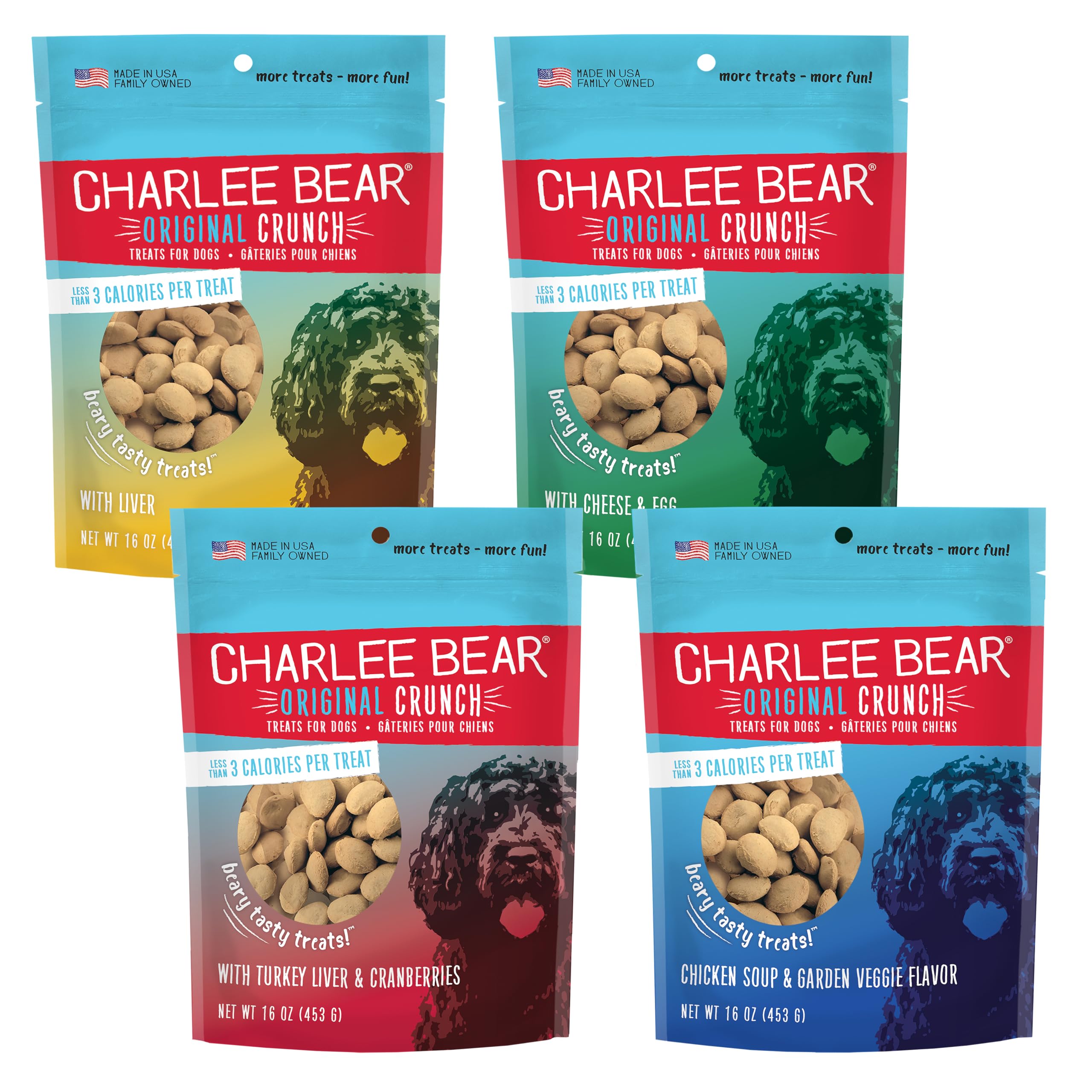 Charlee Bear Dog Treats Variety Pack includes Liver, Egg and Cheese, Chicken and Garden Vegetable, Turkey Liver and Cranberries 