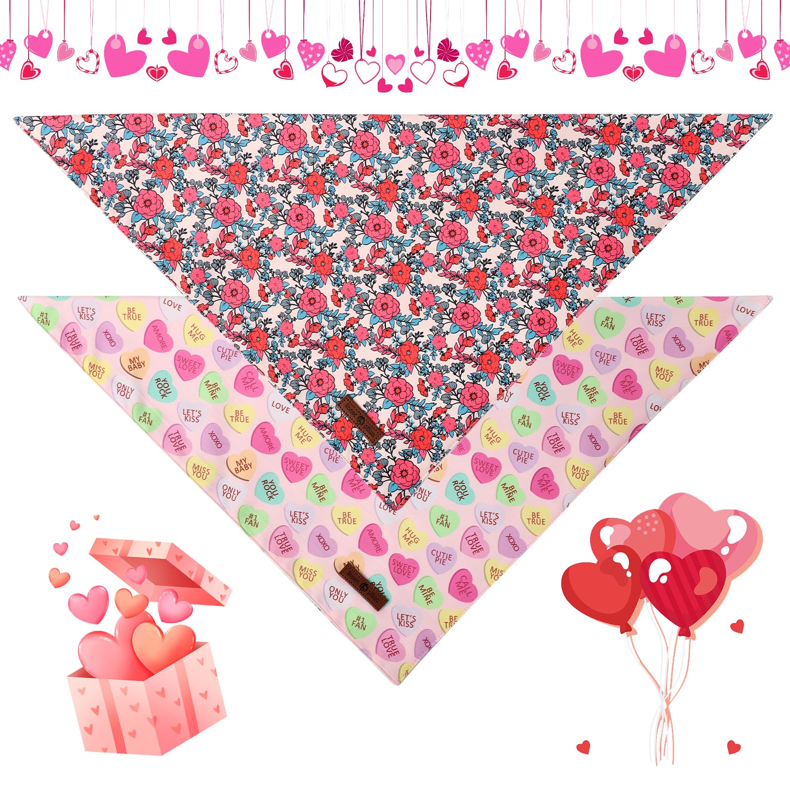 Lionet Paws Valentine'S 2Pcs Dog Bandanas, Red Floral Dog Scarf Bib Premium Fabric, Happy Valentine Heart Bandanas For Medium La