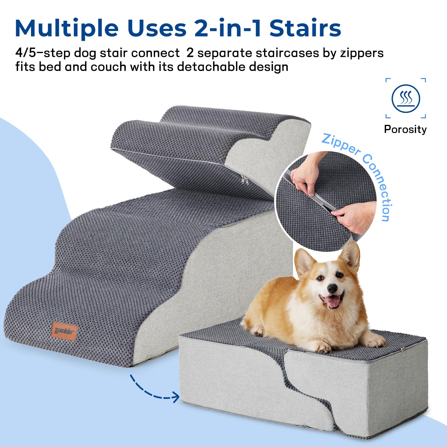 Zomisia Pet Stairs For Small Dogs 15.7'' H - Dog Stairs For Couch And Bed, 35D Foam Dog Steps Ramp With Non-Slip Bottom Grey, 3