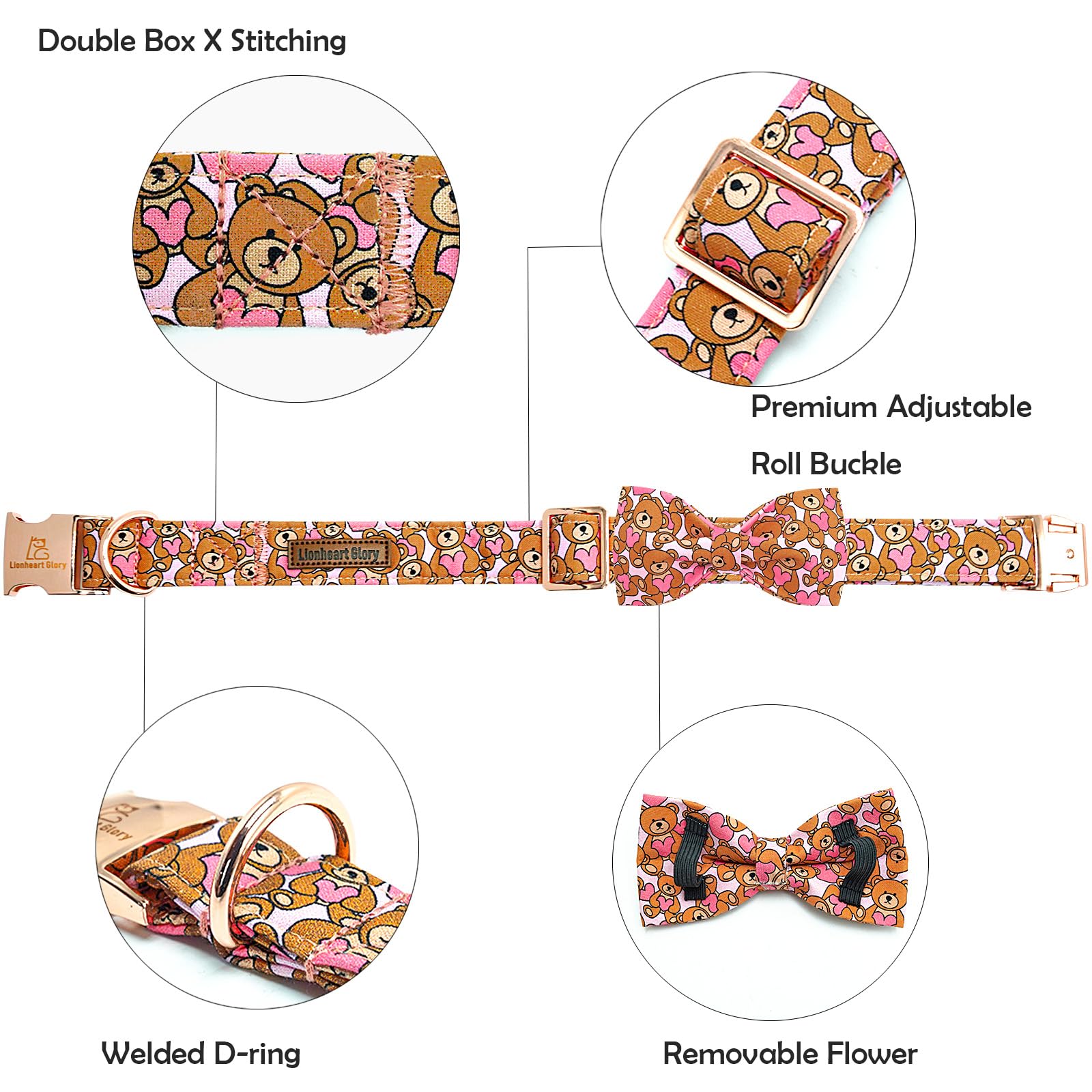 Lionheart Glory Dog Bow Collar Valentine'S Day Dog Collar For Large Dogs Hearts Bear Dog Collar With Bowtie Spring Pink Dog Coll
