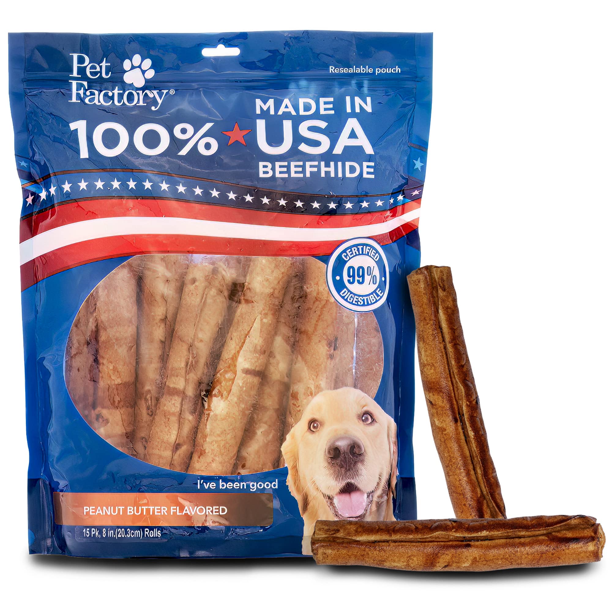 Pet Factory 100% Made in USA Beefhide 8 Rolls Dog Chew Treats - Peanut Butter Flavor, 15 Count/1 Pack