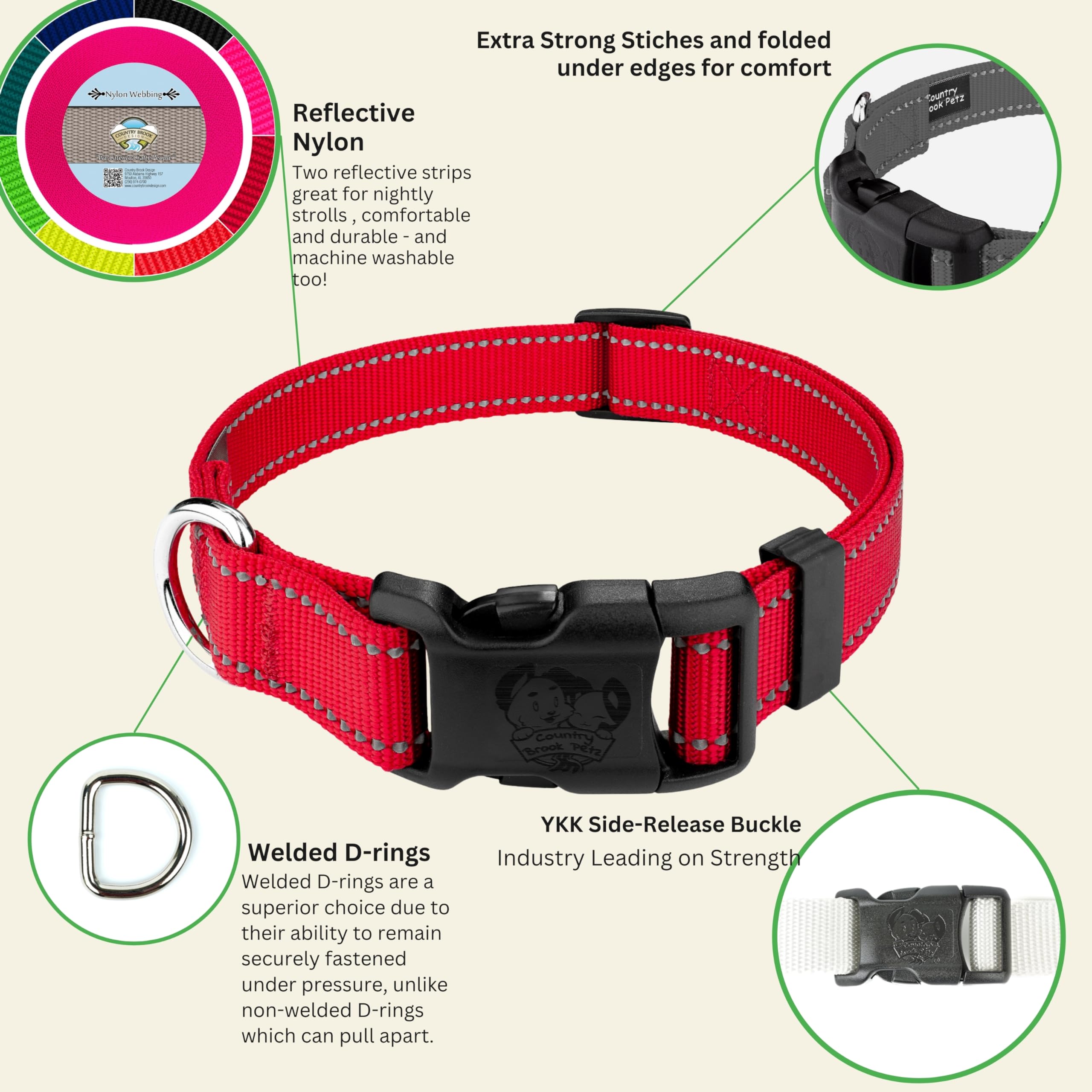 Country Brook Petz - 1 Inch Deluxe Red Reflective Nylon Dog Collar - Medium