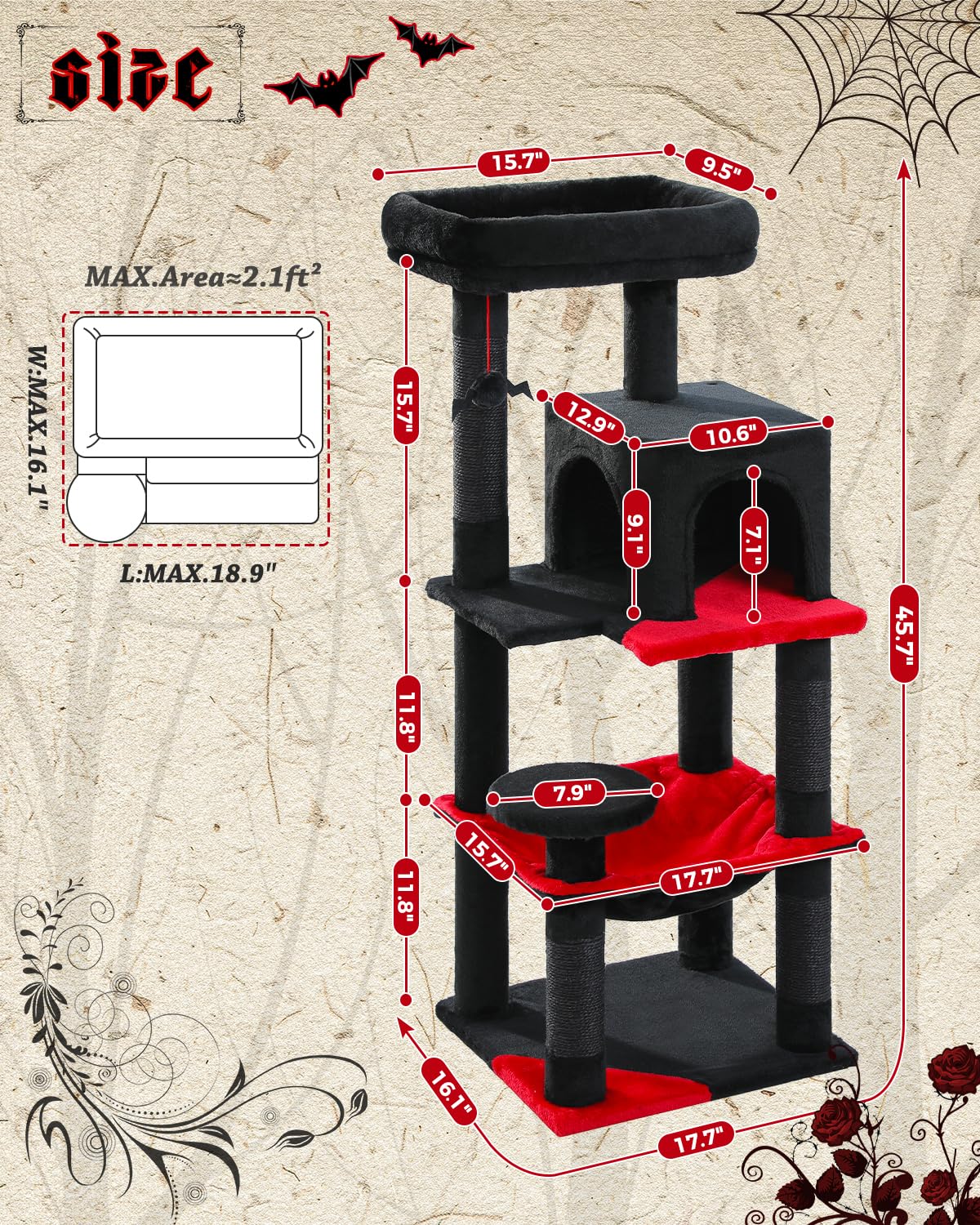 Muttros Gothic Cat Tree With Super Large Hammock, 45.7' Black Cat Tower With Coffin Bed, Cat Condo, Sisal Scratching Posts & Top Perch, Multi-Level Goth Cat Tree, Halloween, Black