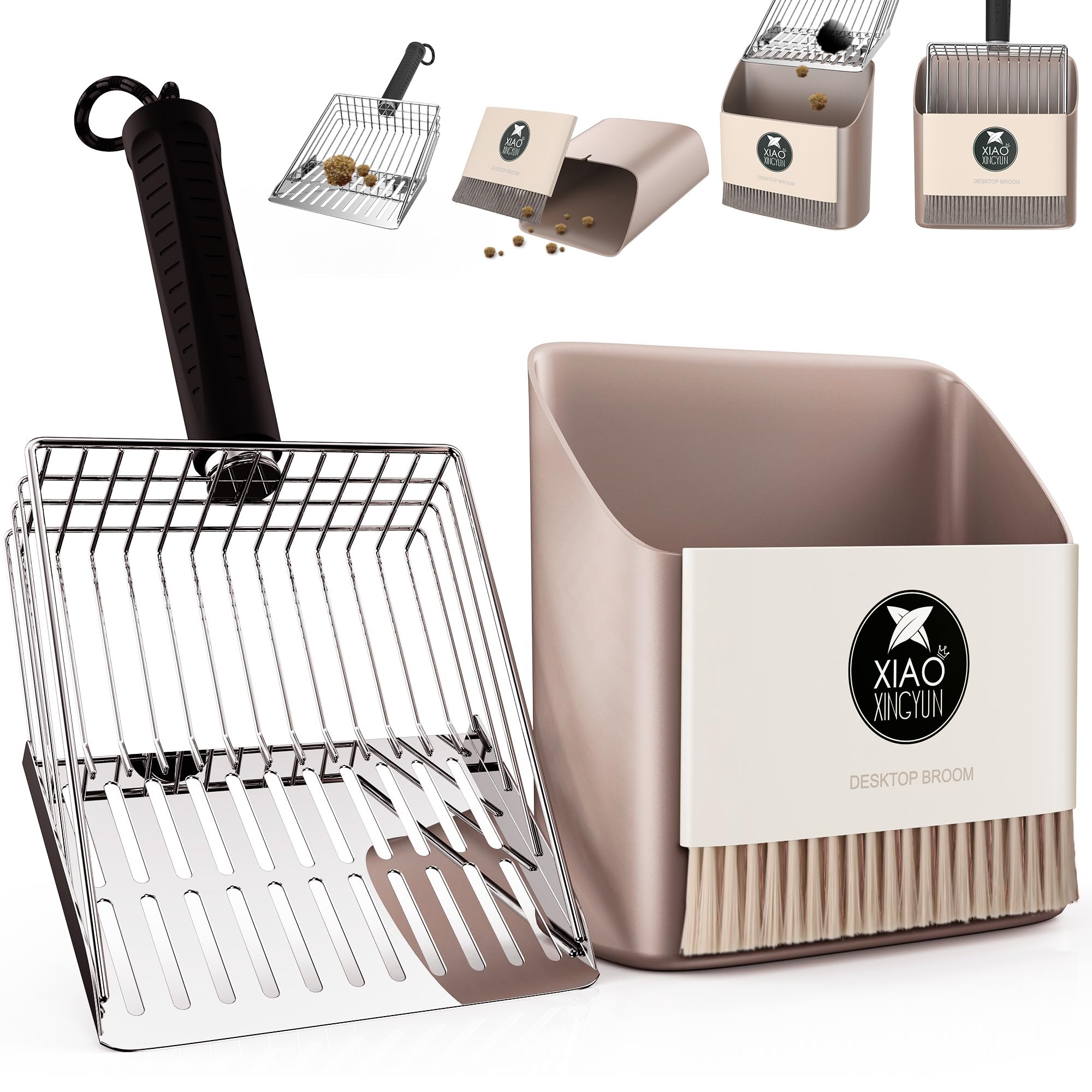 Cat Litter Scooper with Holder, Metal Litter Scoop Includes Portable Small Broom and Dustpan Set, Heavy Duty Stainless Steel Lit