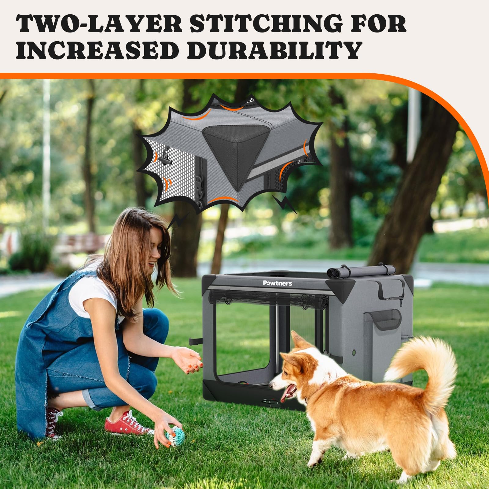 Pawtners Collapsible Dog Crate - Portable Soft-Sided Kennel for Medium Dogs, Grey, 30" L x 21" W x 21" H, Indoor/Outdoor Use