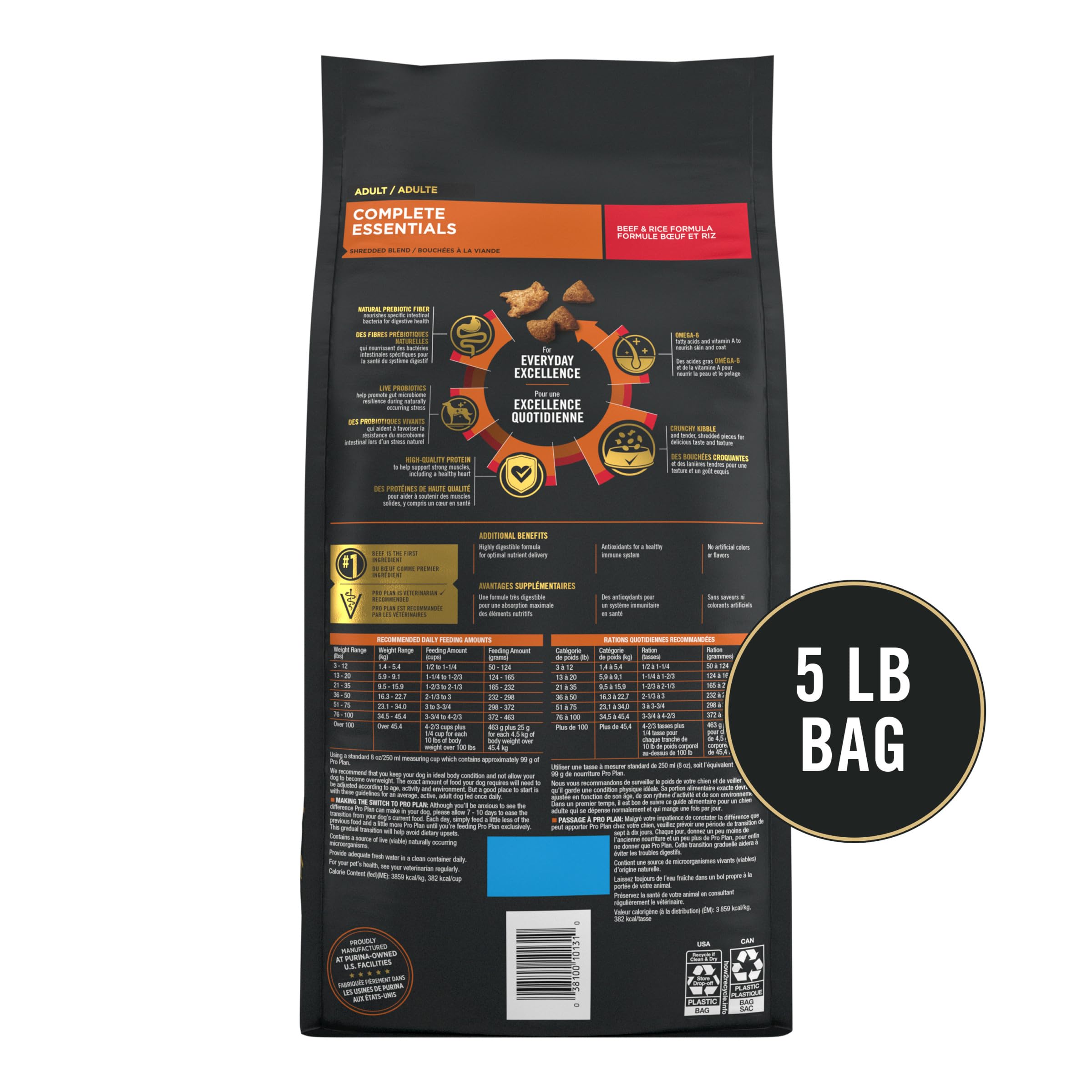 Purina Pro Plan Complete Essentials Shredded Blend Beef and Rice Dog Food Dry Formula with Probiotics for Dogs - 5 lb. Bag