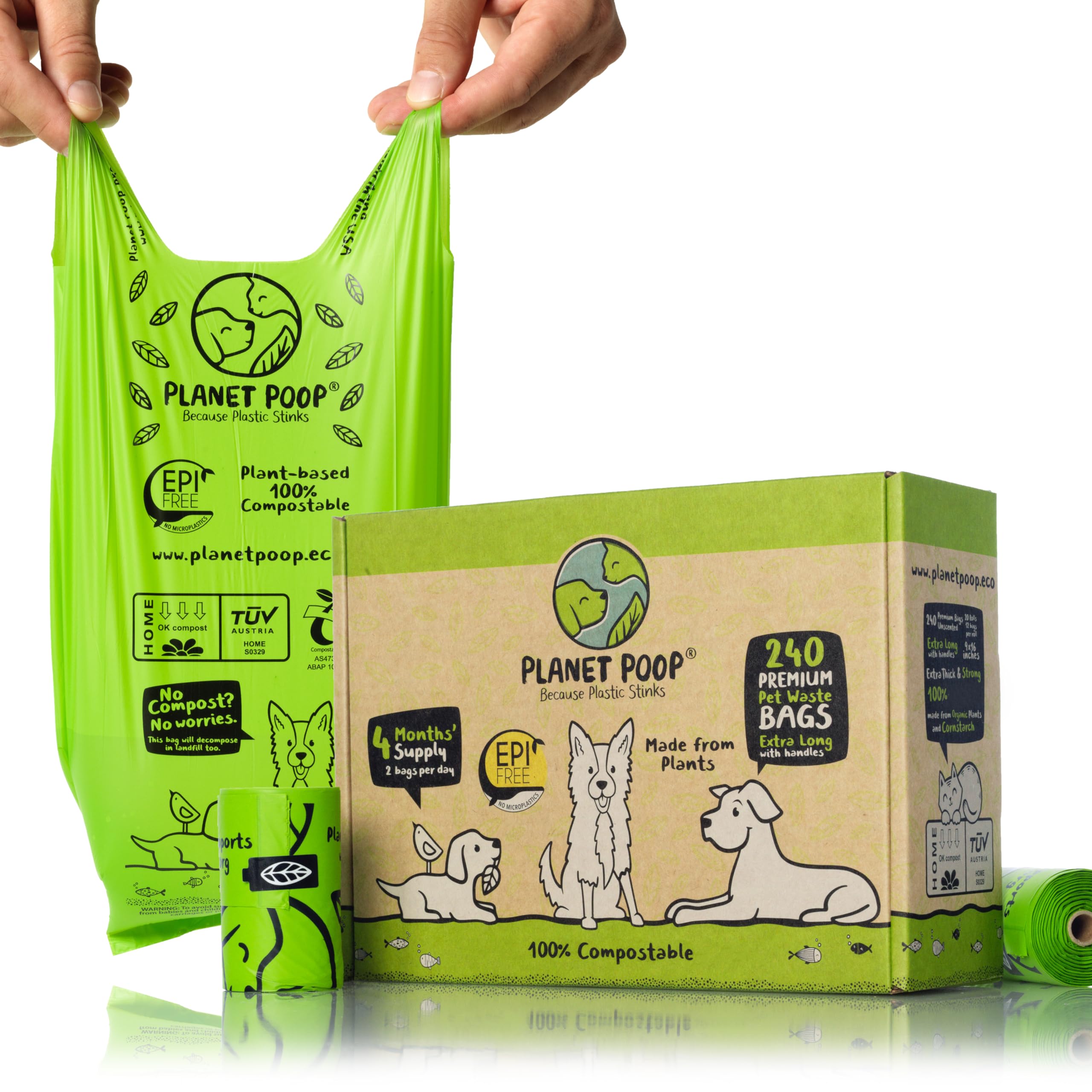 PLANET POOP Home Compostable Dog Poop Bags Extra-long with Handles 240 Un-Scented Pet Waste Bags Plastic Free, Thick Leakproof P