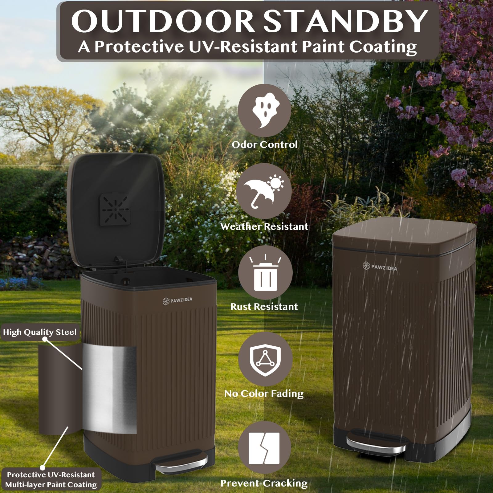 PAWZIDEA Dog Poop Trash Can - 5.3 Gallon, Waterproof, Odor Control, Chocolate Brown, Alloy Steel, Model WAKAPET04