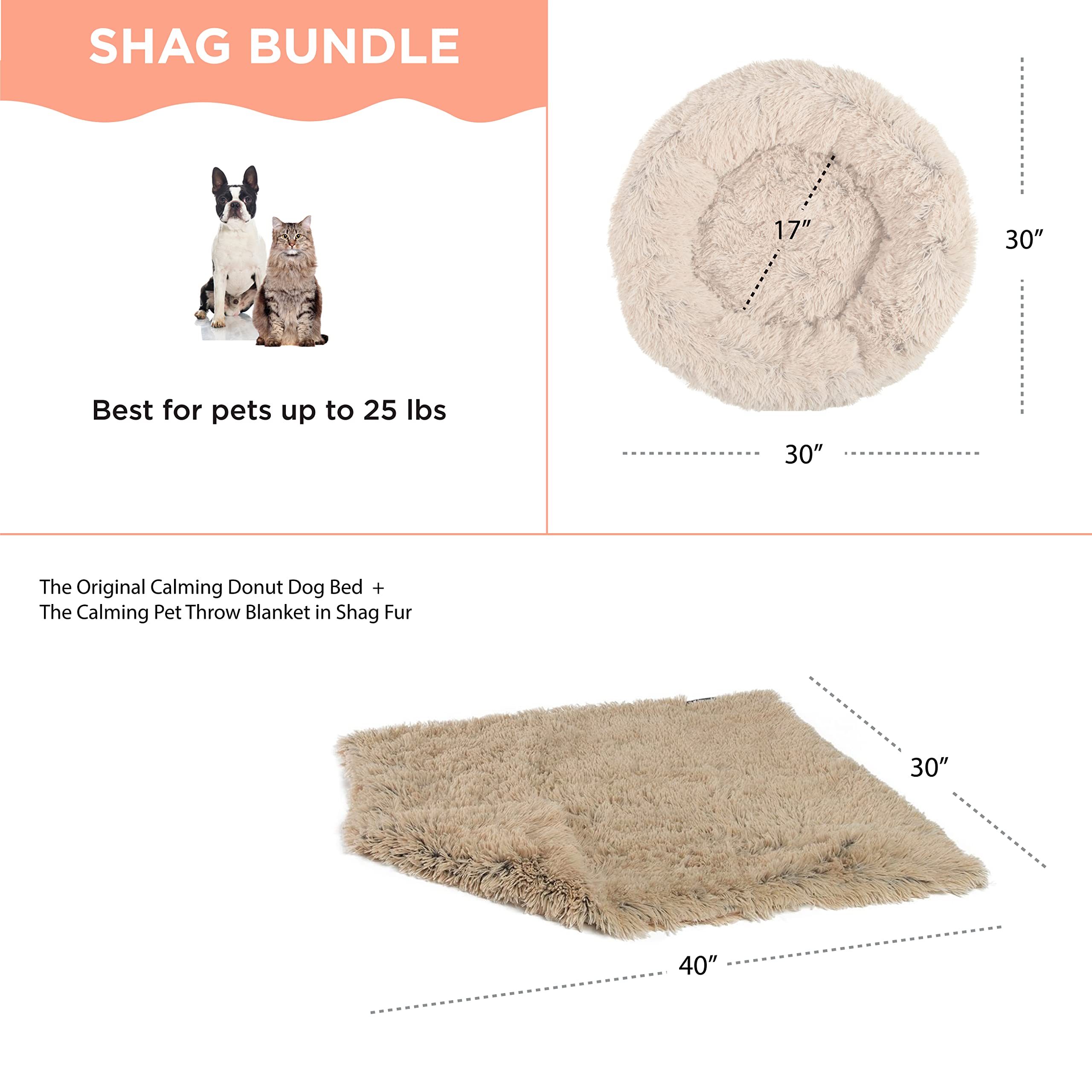 Best Friends by Sheri Calming Shag Donut Bed & Blanket Set, Taupe, Small 23" x 23", Long Shag Fur, Model 4934