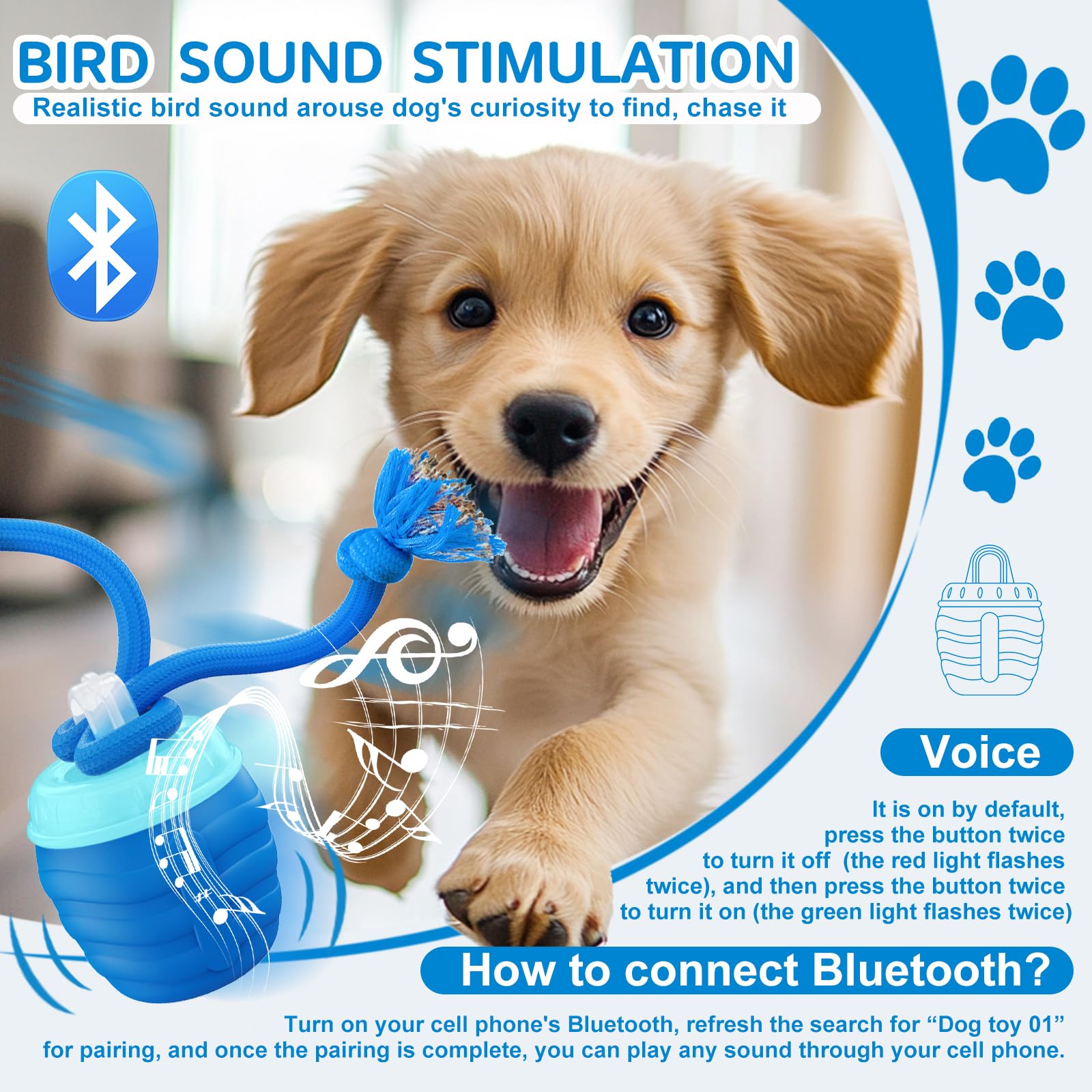 Huimpet Interactive Dog Ball Toy for Medium/Large Dogs, USB Rechargeable, Music Playing, Blue, Model: Dog Toy 01