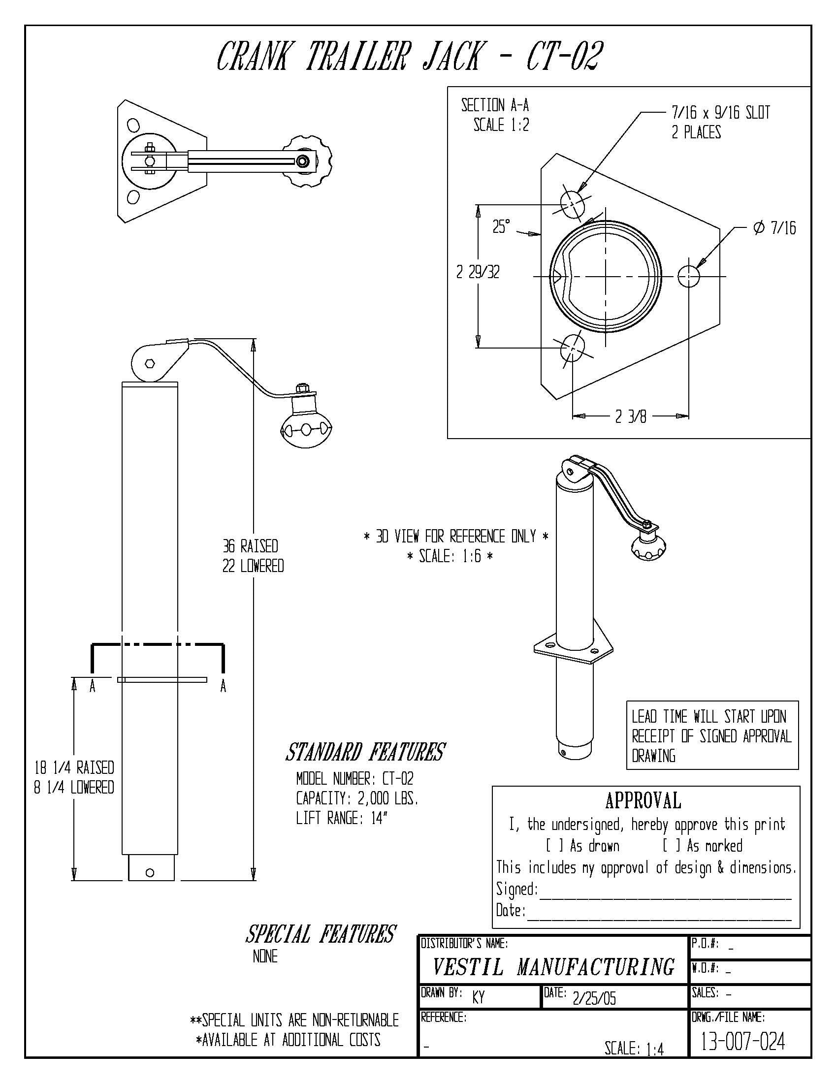 Vestil CT-02 Steel Top Crank Trailer Jack 5 in. x 9-3/4 in. x 26 in. 2000 Lb. Capacity Black