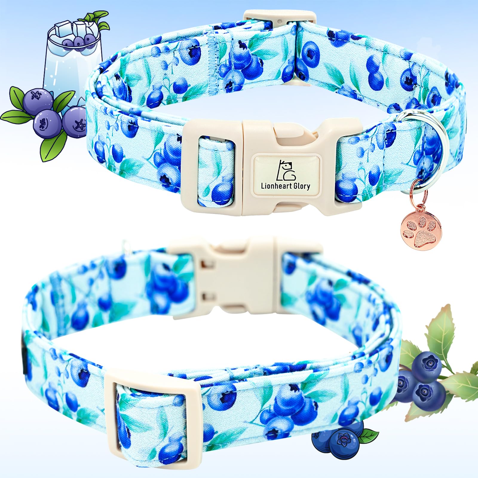 Lionheart Glory Dog Collar Blueberries Print Collar For Small Dogs Spring Summer Female Or Male Collars Pets Gift Adjustable Hea