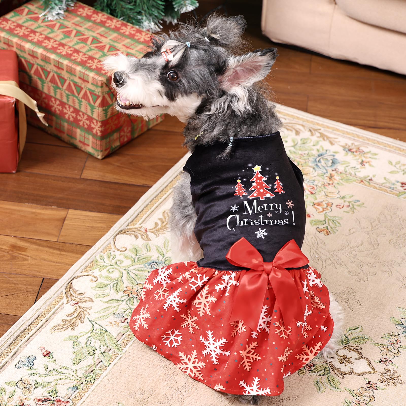 Cutebone Christmas Dog Dresses Velvet Holiday Small Dogs Clothes Onesie Pet Apparel Girl Puppy Skirt With Bow Hair Rope Cva54Xxs