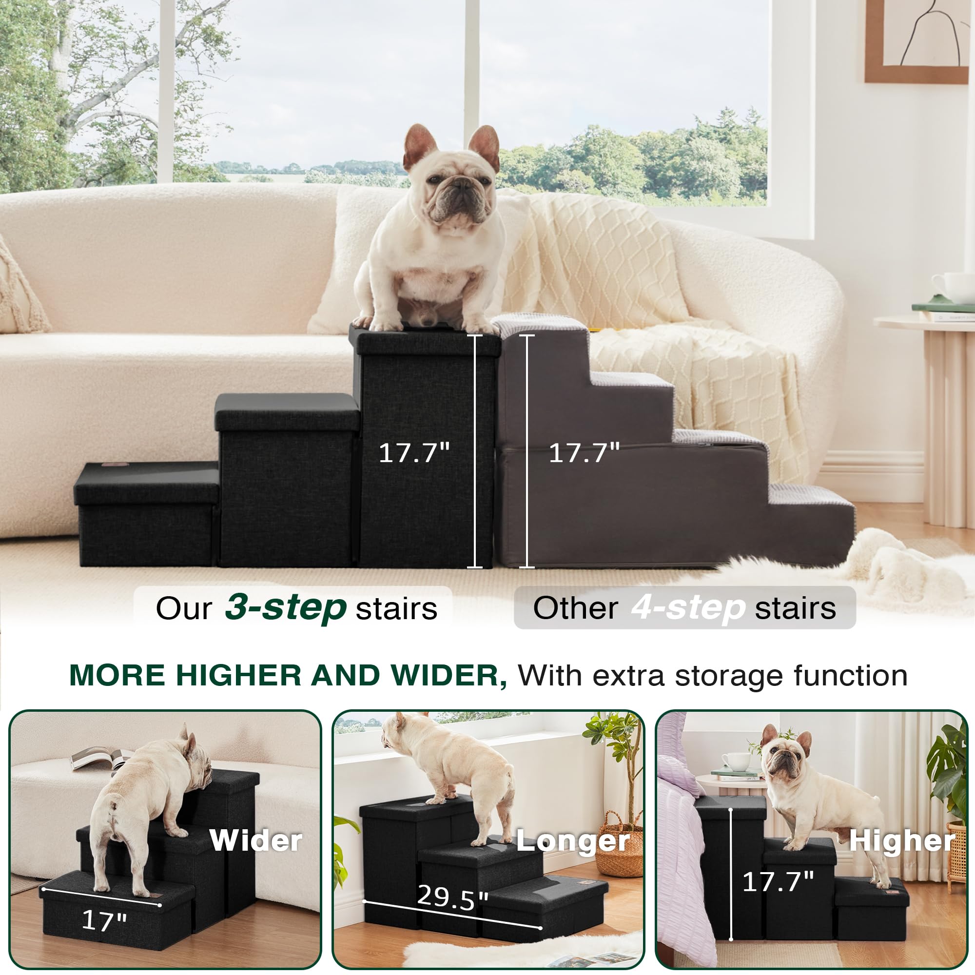 Loves cabin Dog Stairs with Storage,3 Steps Wider Dog Steps for High Bed 18 H,Foldable Pet Stairs for Small Medium Large Dogs C