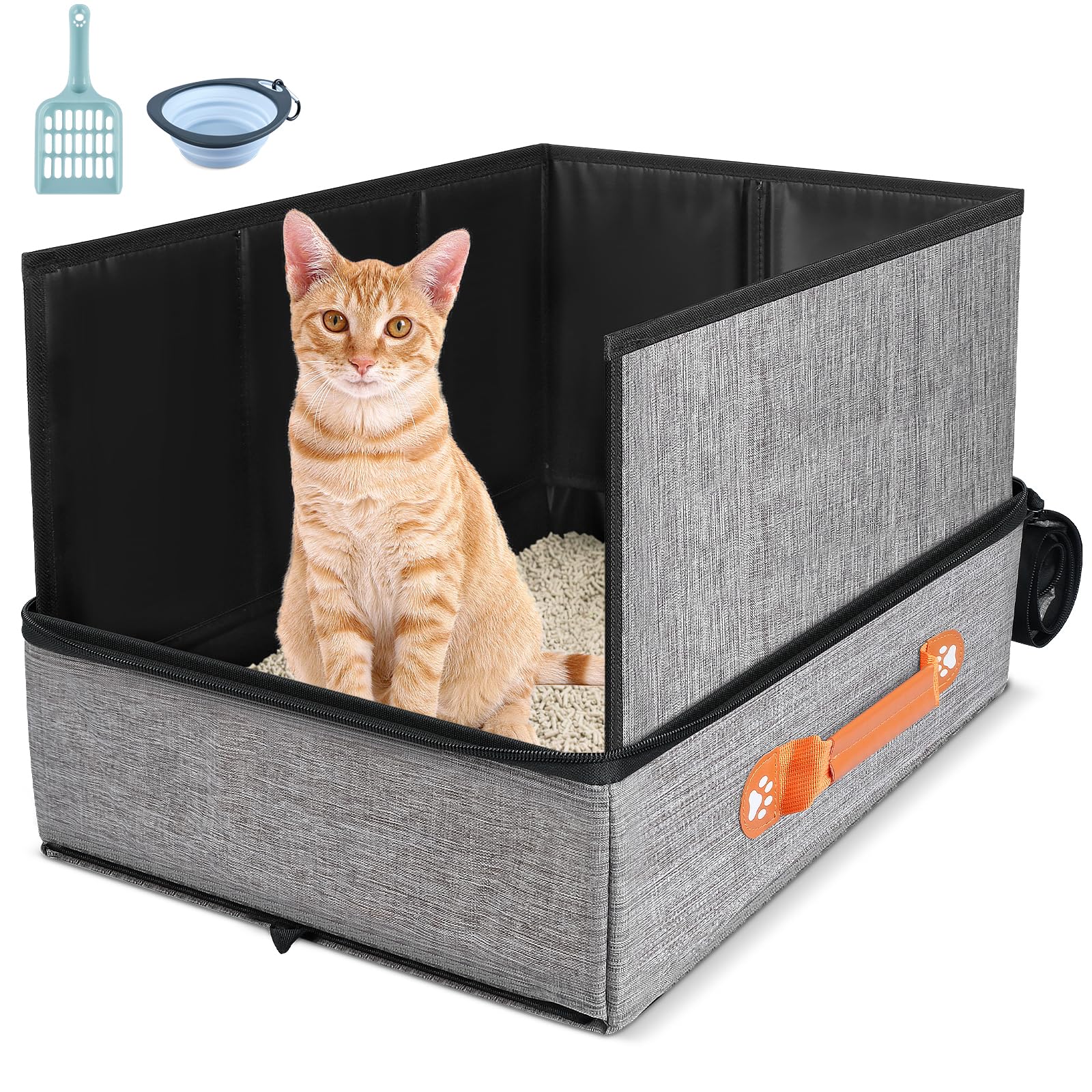 17.7''x 13.5''x 13.7 Travel Litter Box for Cats, Collapsible & Portable Cat Litter Box with Removable Shield & Leak-Proof Hard B