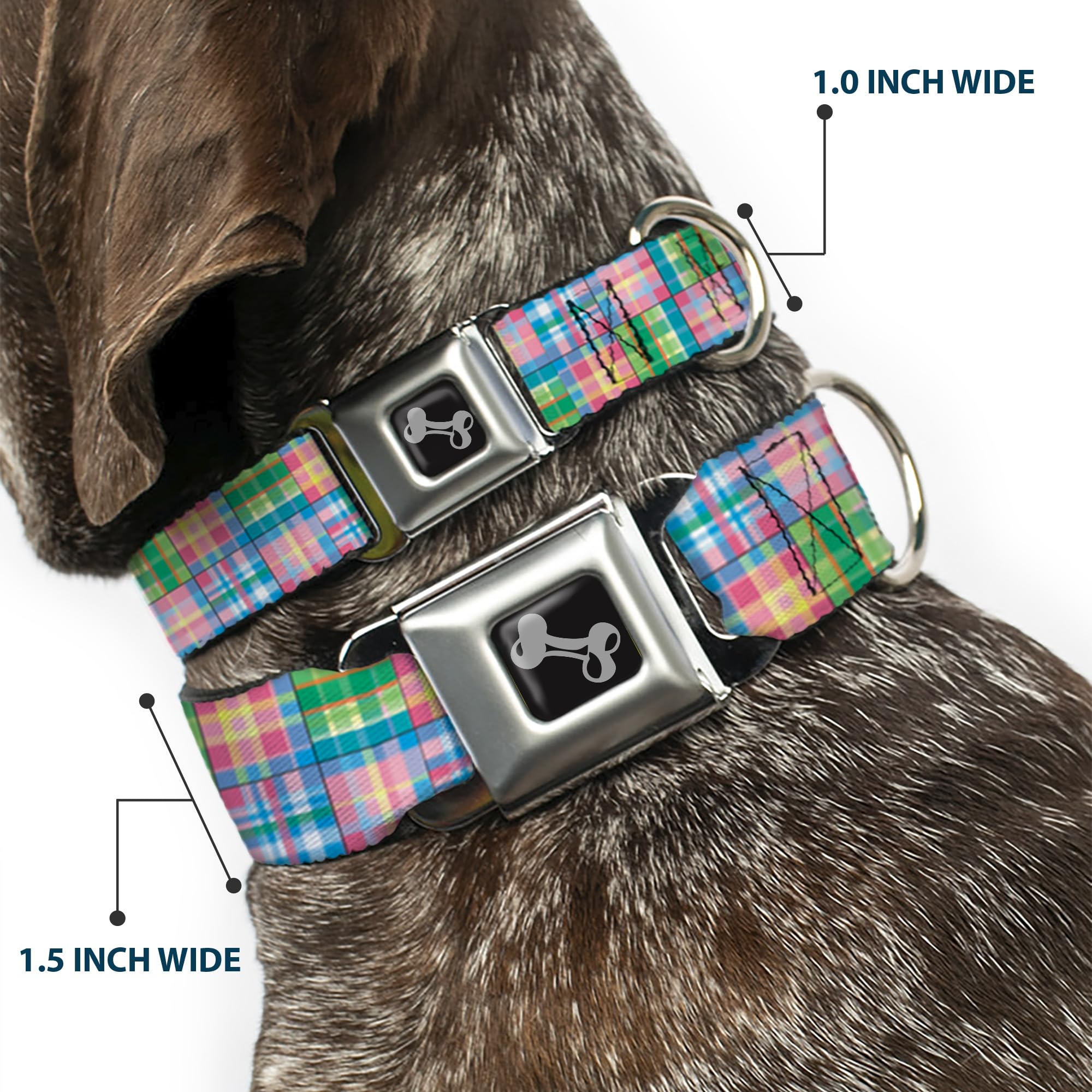 Buckle-Down Seatbelt Buckle Dog Collar - Madras Plaid Pink - 1.5' Wide - Fits 13-18' Neck - Small