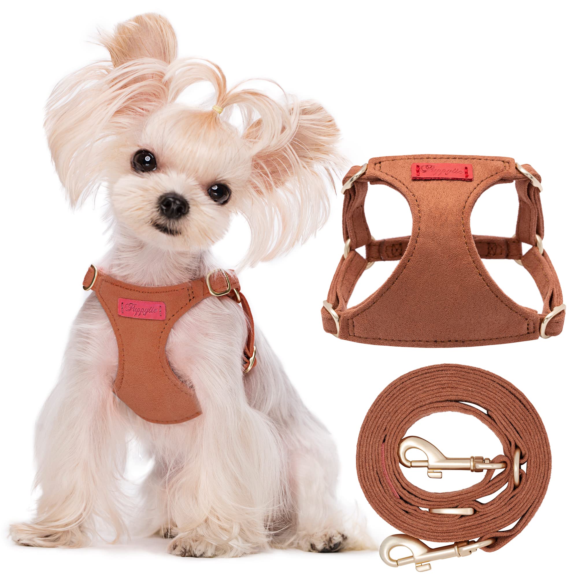 Puppytie No Pull Xxs Puppy Harness With Multifunction Dog Leash,Soft Adjustable No Choke Escape Proof Pet Harness Vest,Brown Car