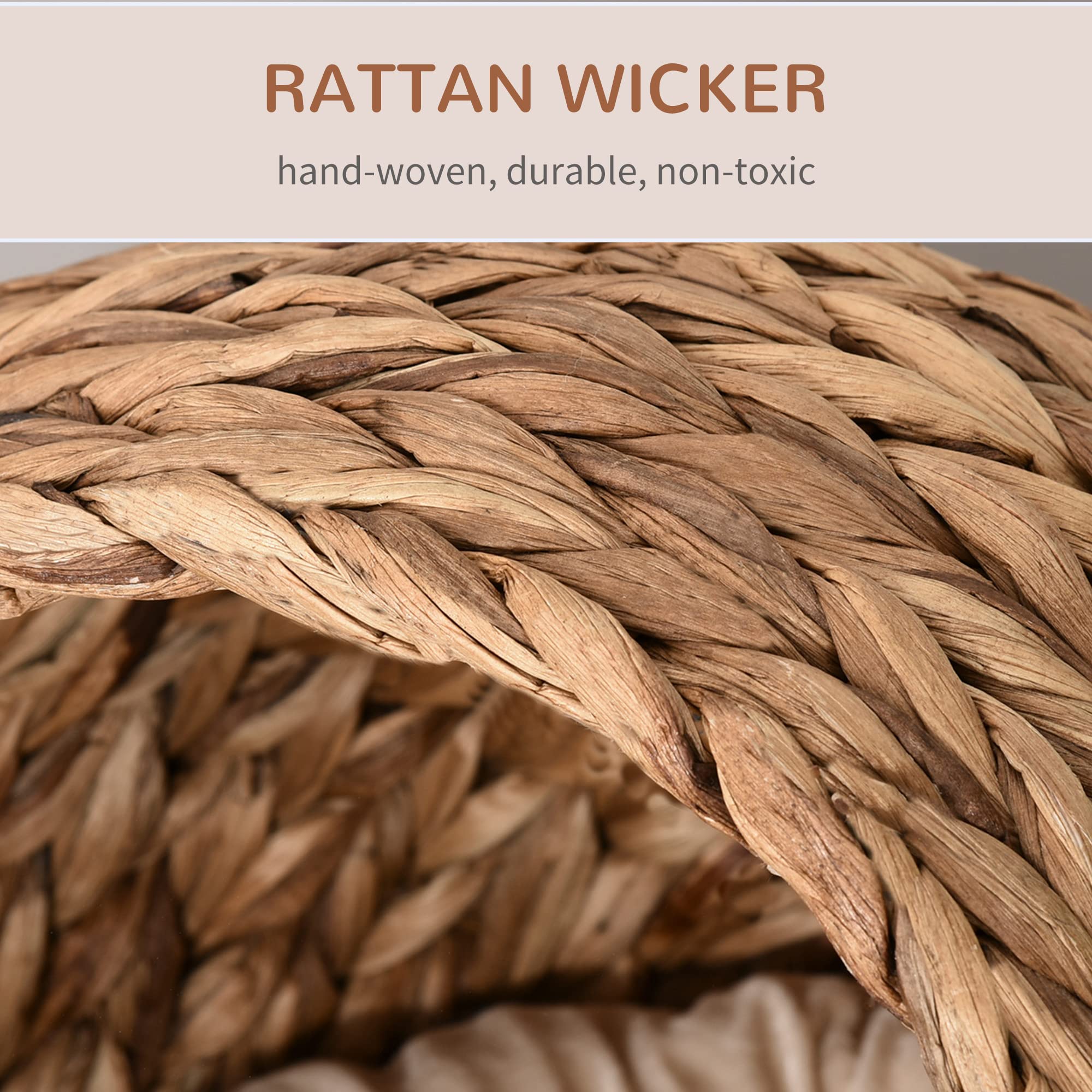 Pawhut Woven Banana Leaf Elevated Cat Bed House Basket Soft Cushion Dome Basket 50 X 42 X 60 Cm Brown