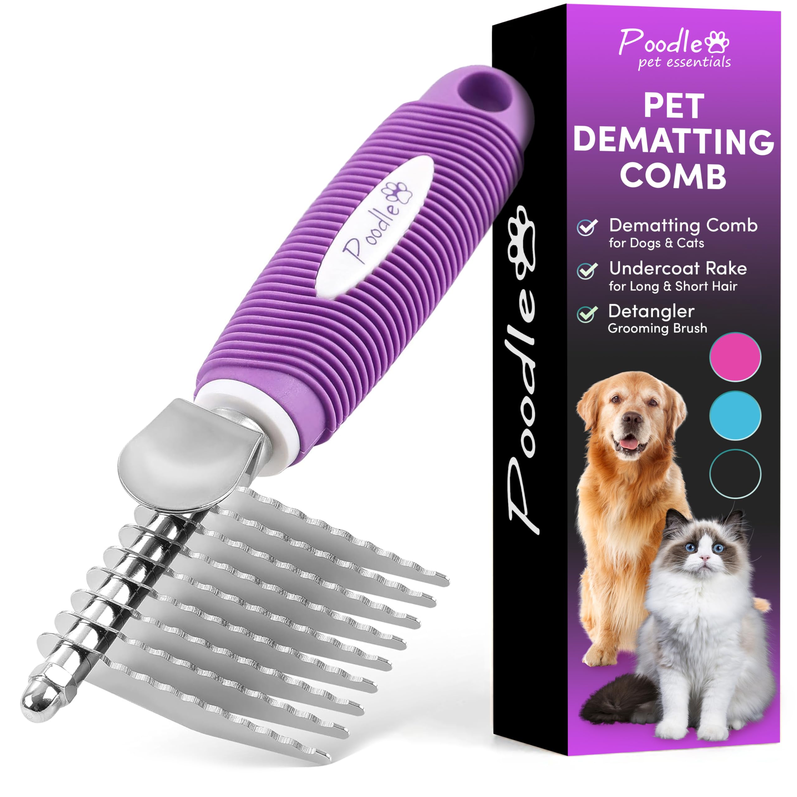 Poodle Dematting Fur Rake Comb Brush For Dogs And Cats - Long 2.5' Steel Safety Blades Metal Comb For Detangling Matted Or Knotted Undercoat Hair