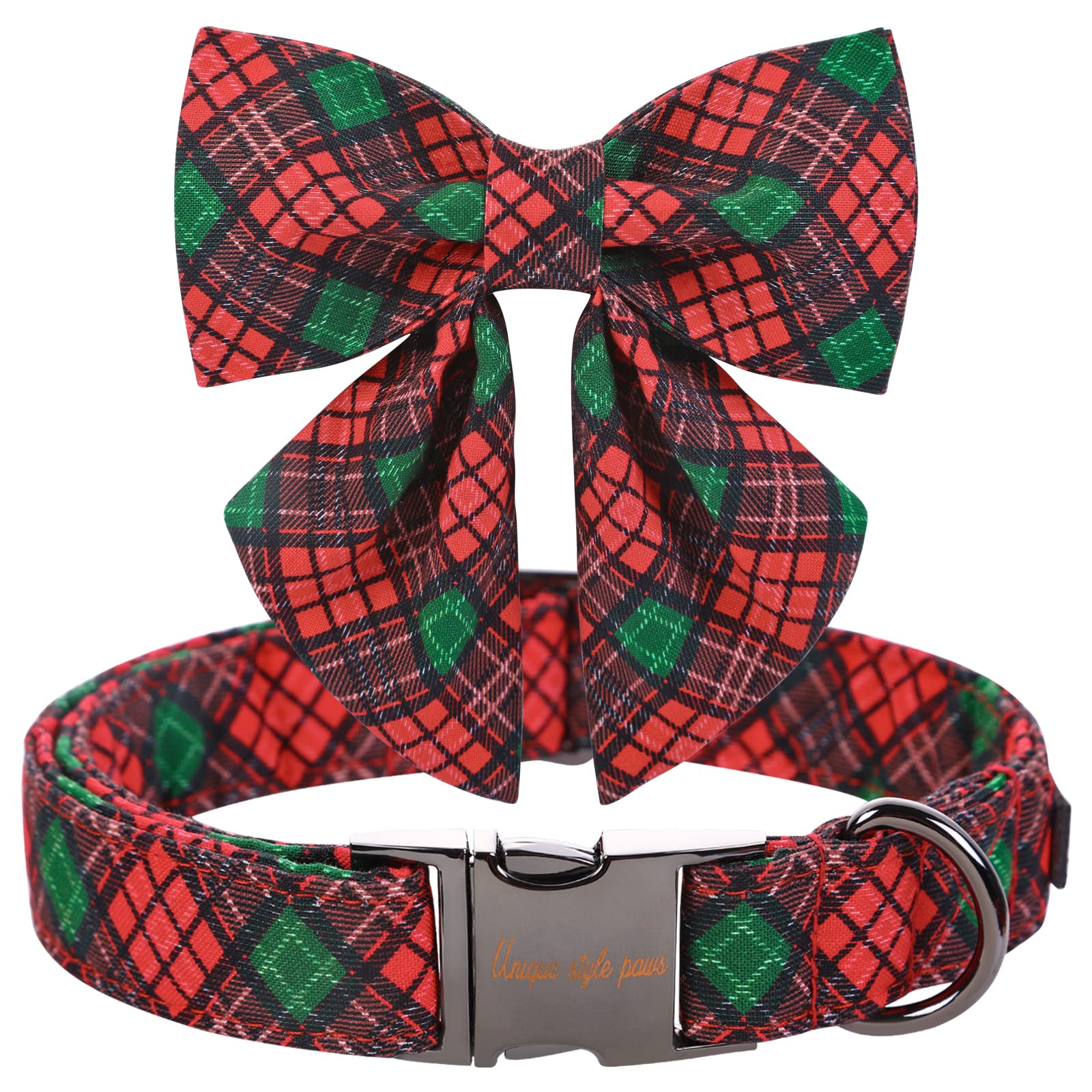 Unique Style Paws Christmas Dog Collar With Tie Red Green Plaid Adjustable Cotton Puppy Collar For Small Medium Large Dogs-L