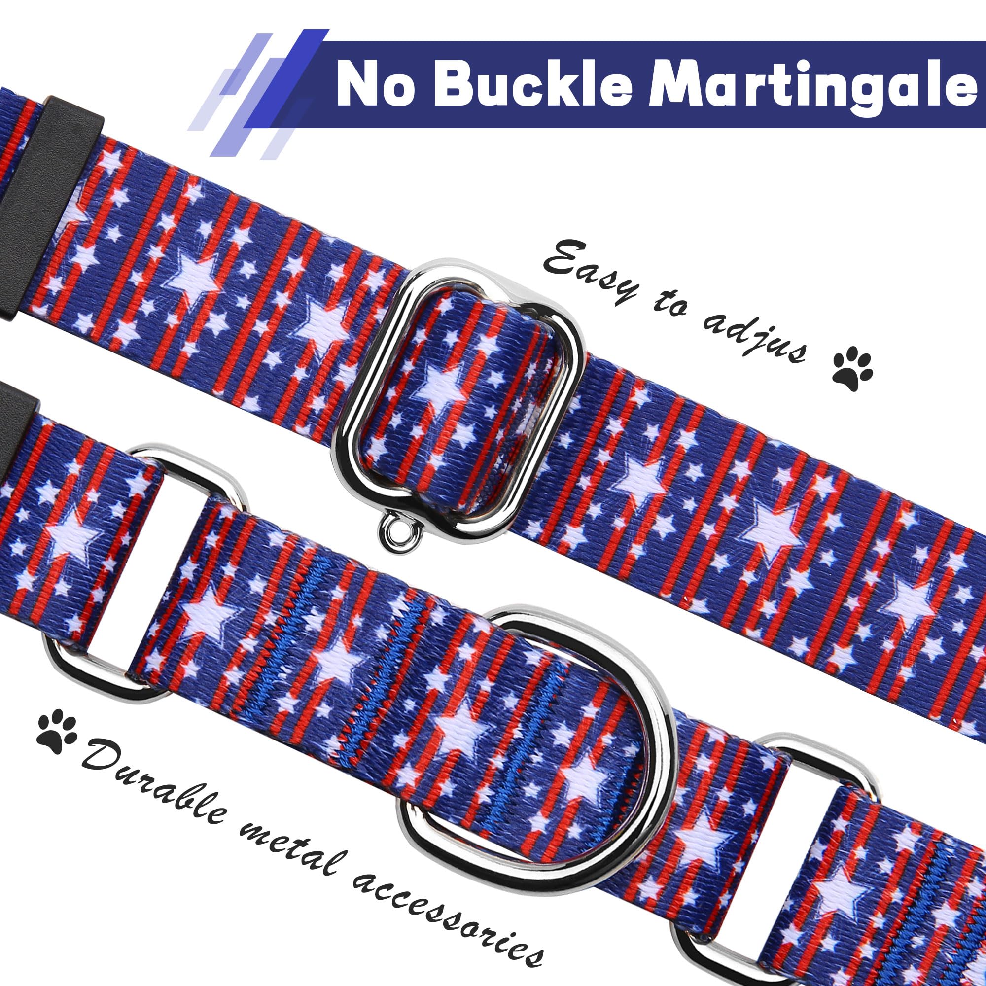 Hikiko American Flag Martingale Collar With No Buckle Soft Nylon Dog Collar For Small Dogs,Blue Star Stripe,S