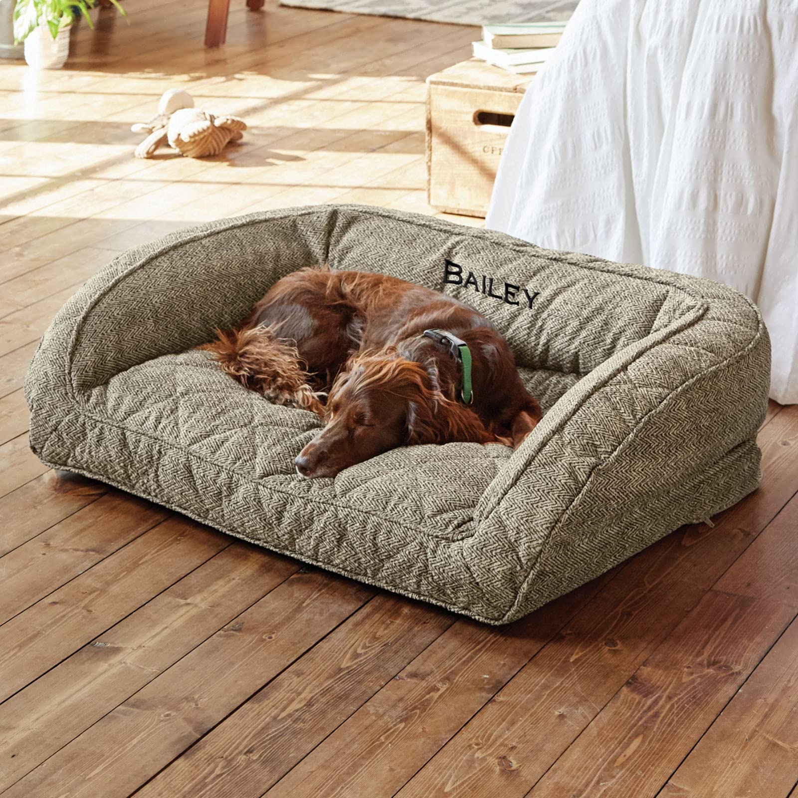 Orvis Comfortfill-Eco Bolster Dog Bed - Plush Rectangular Dog Beds With Three-Sided Bolster For Leaning, Charcoal Chev - Medium
