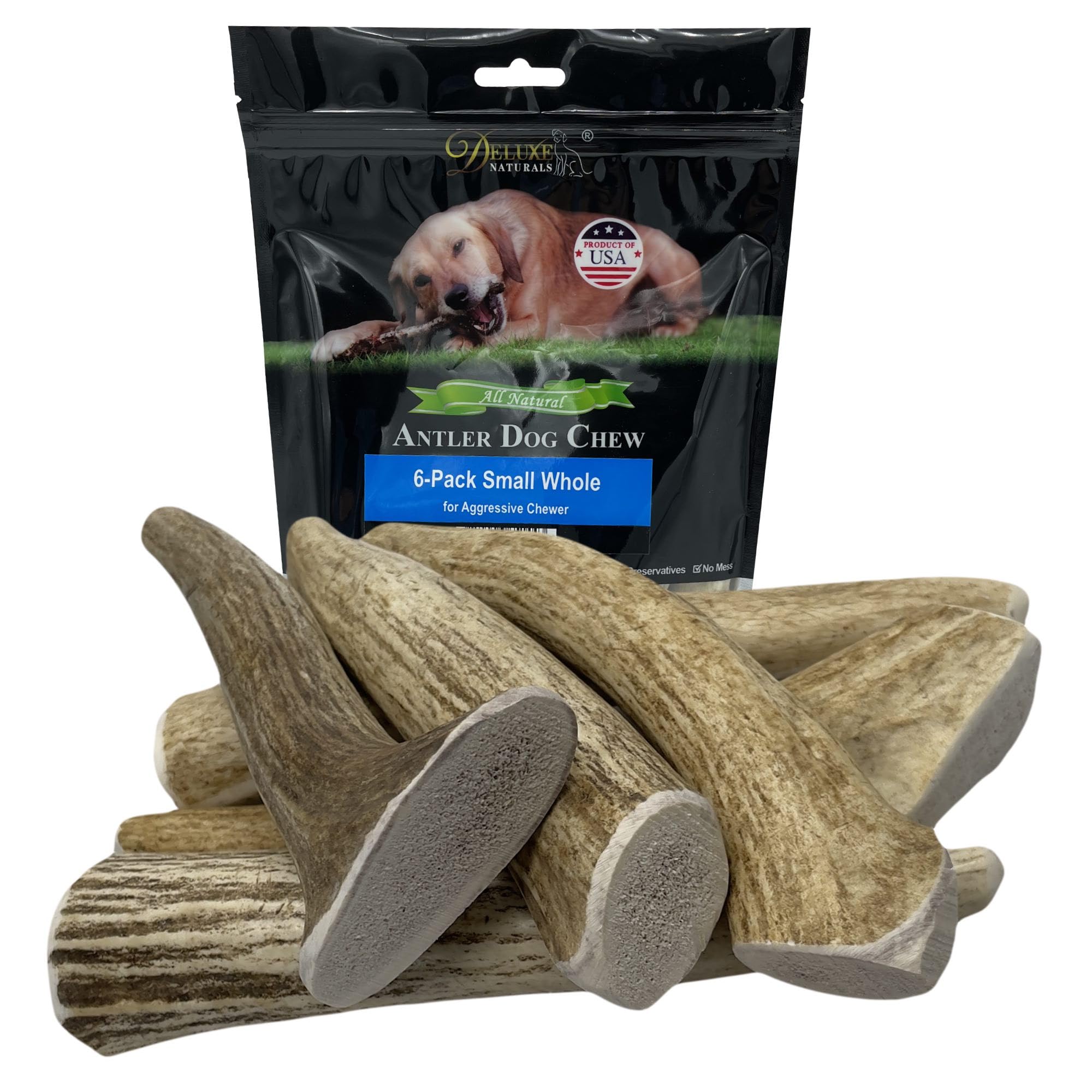 Deluxe Naturals 6-Pack Small Whole Elk Antler Dog Chews (5 to 7+ in) - Long Lasting Natural Dog Chew Bones for Small Dogs Under 