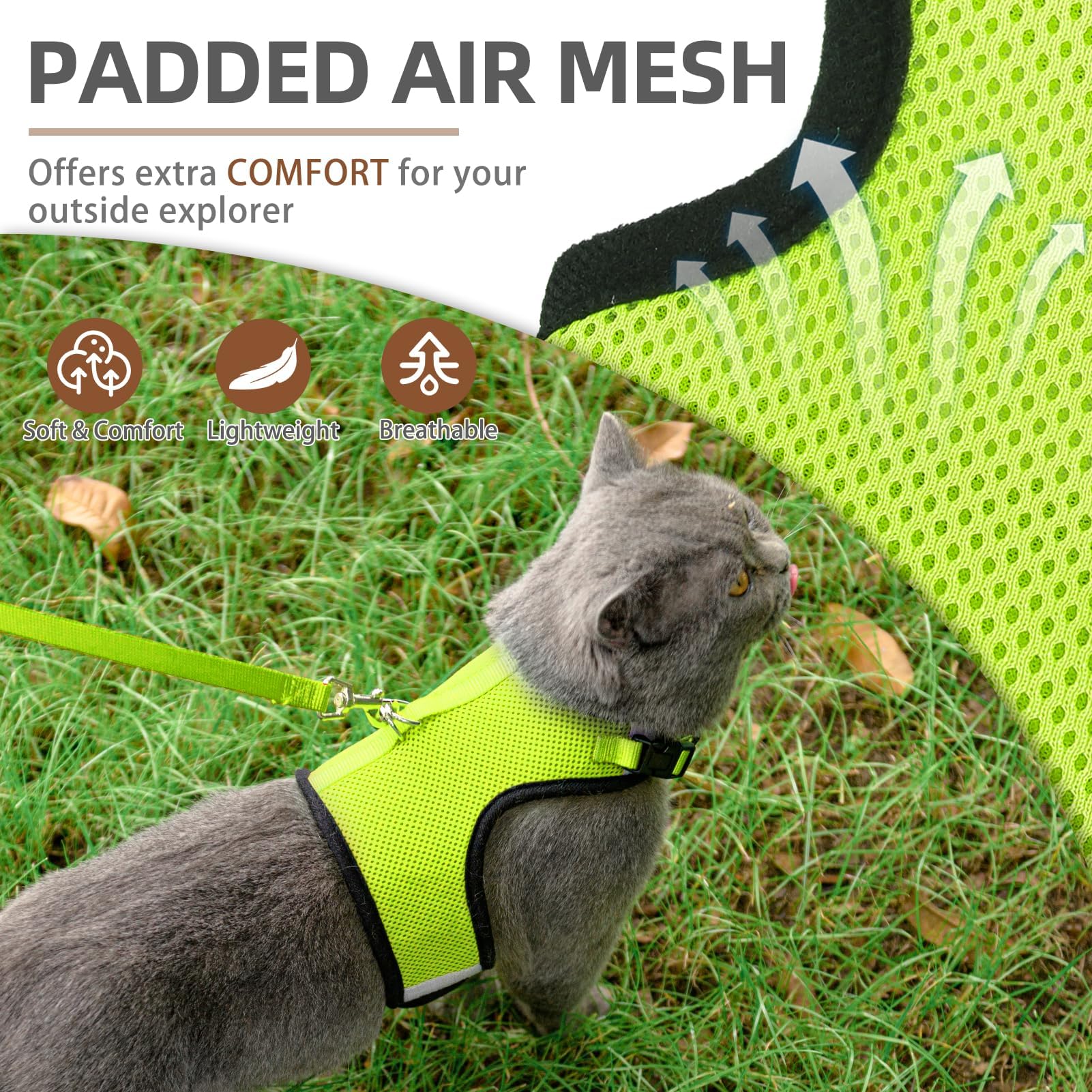 Pupteck Soft Mesh Cat Vest Harness And Leash Set Puppy Padded Pet Harnesses Escape Proof For Cats Small Dogs Rabbits Bunny, Fluo