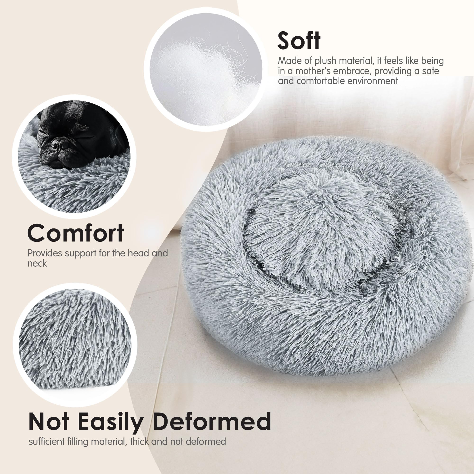 Hoewina Dog & Cat Bed, 20In Cat Beds For Indoor Cats, Calming Donut Bed For Puppy And Kitten, Washable Round Fluffy Pet Bed For Small Medium Dogs And Cats (Light Grey)