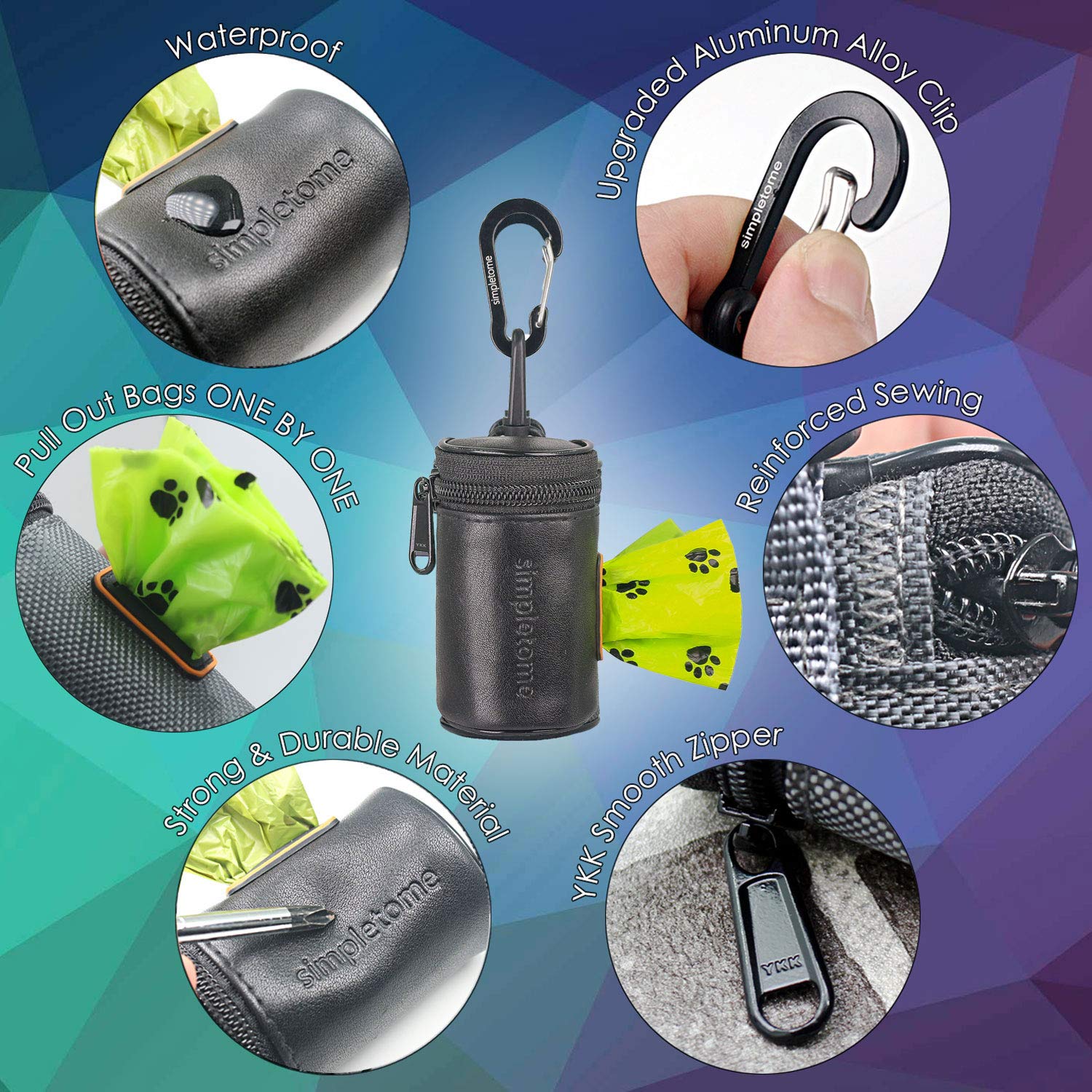 simpletome Dog Waste Bag Dispenser for Leash Belt Waterproof YKK Zipper Wear-Resistant (Microfiber Leather Black)