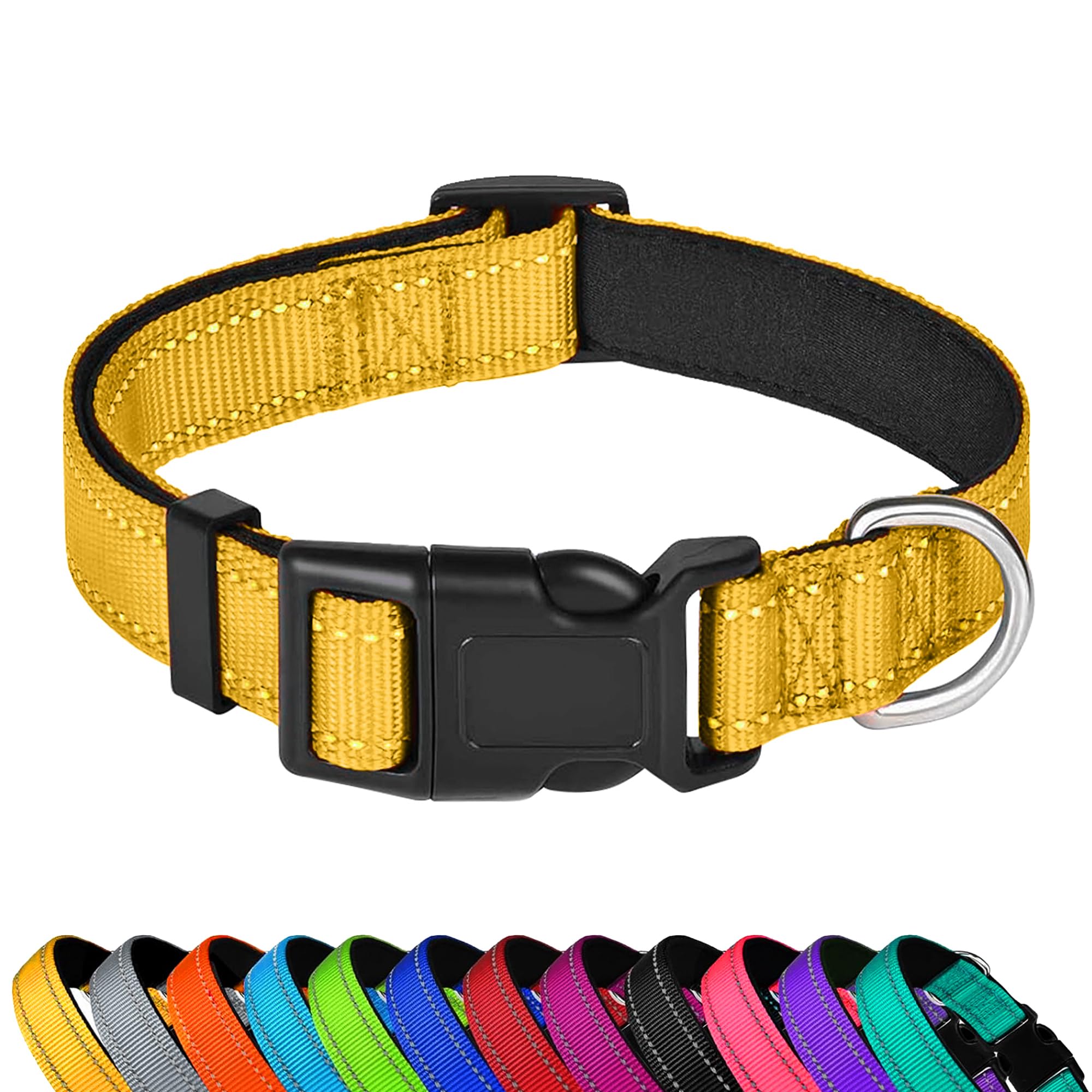 Pwod Reflective Dog Collar, Adjustable Soft Neoprene Padded Nylon Pet Collars With Buckle For Medium Dogs, Yellow,M