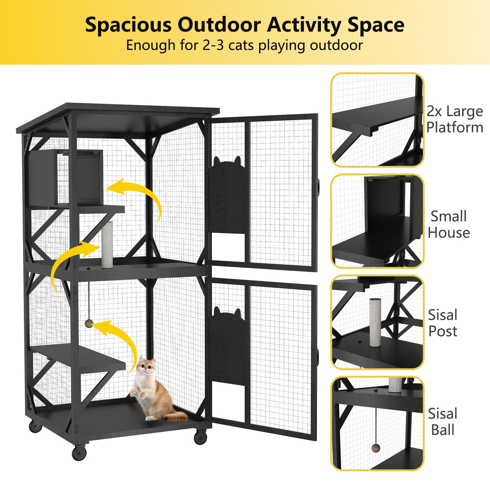 Roomtec Catio Outdoor Enclosure With Roof - 71'' Height Wooden House, Large Cage With 3 Jumping Platforms And 1 Napping House Fo