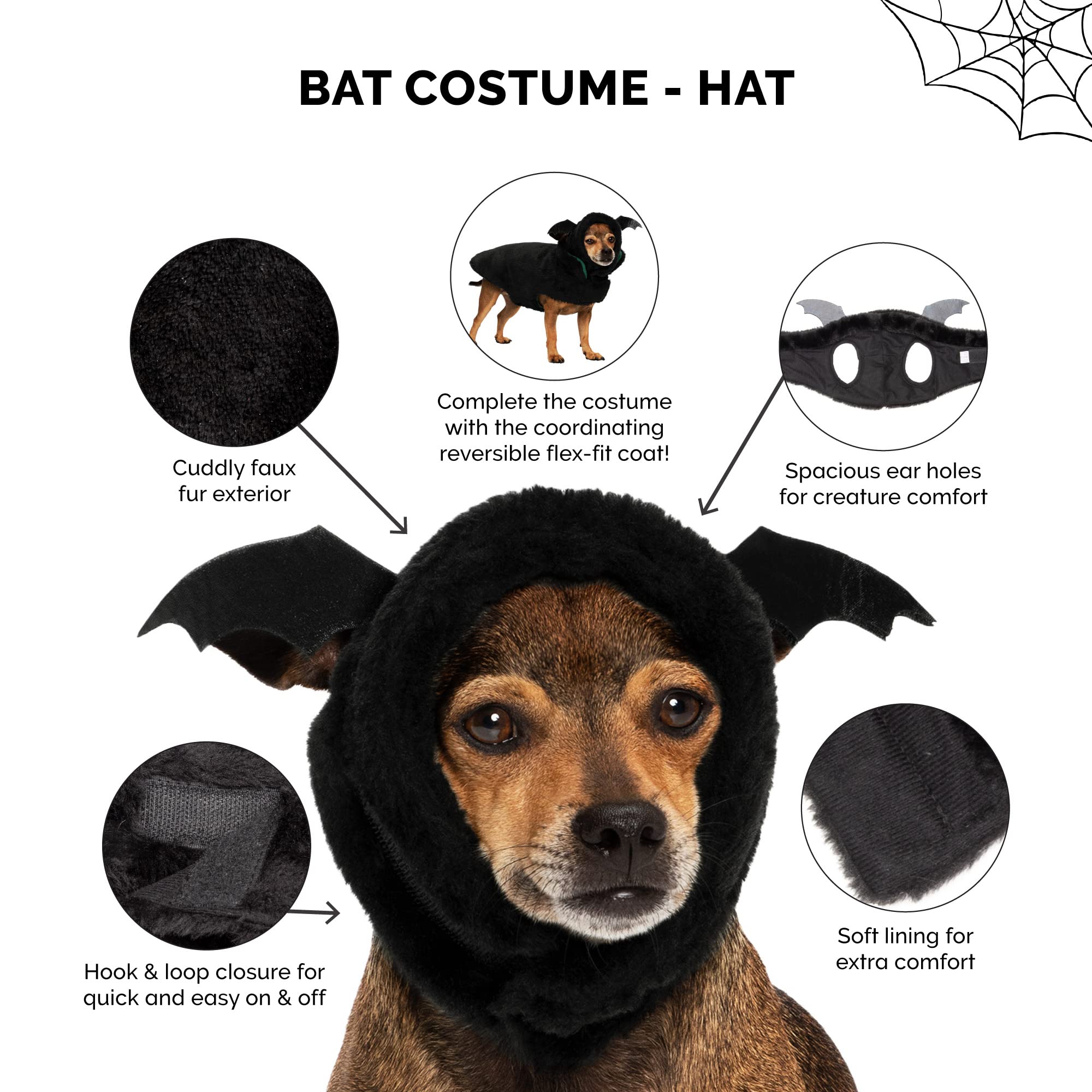 Furhaven Medium Dog Hat Flex-Fit Black Bat Plush Faux Fur Halloween Costume, Washable - Black, Medium