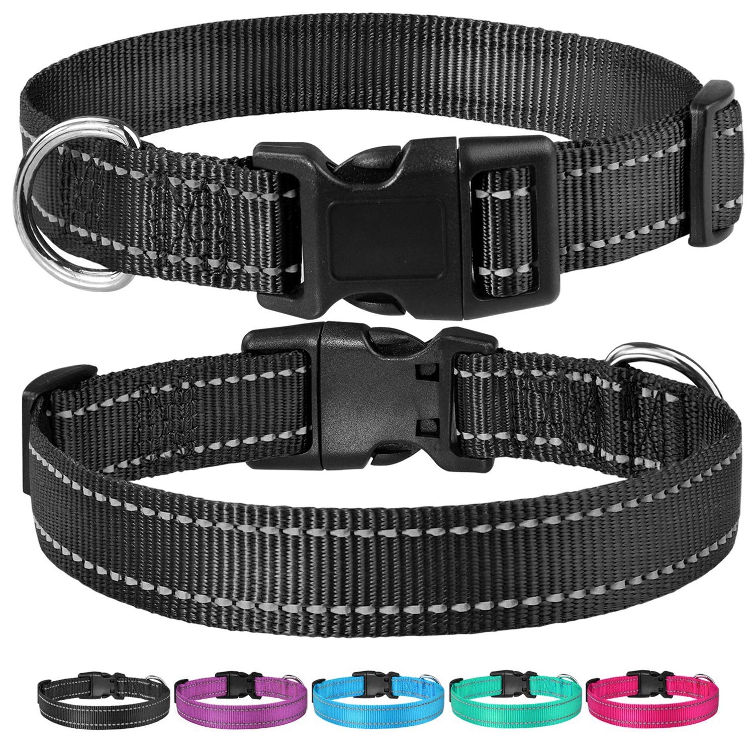 Reflective Dog Collar With Buckle Adjustable Safety Nylon Collars For Small Medium Large Dogs, Black Xs