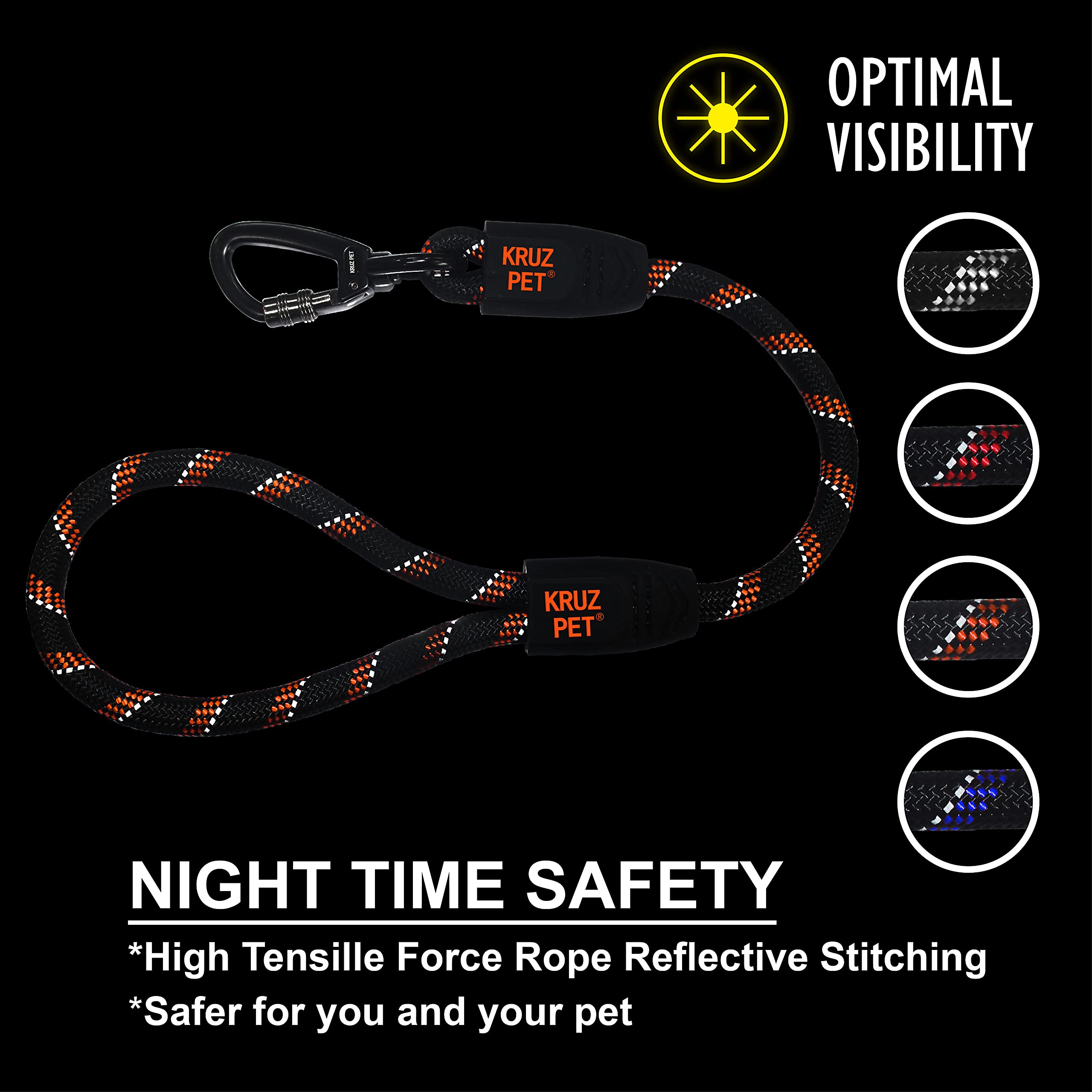Kruz Short Traffic Leash - Kzrope5020-S8L - Soft Silicone Grip - Click & Lock Snap - Heavy-Duty Reflective Dog Rope For Security