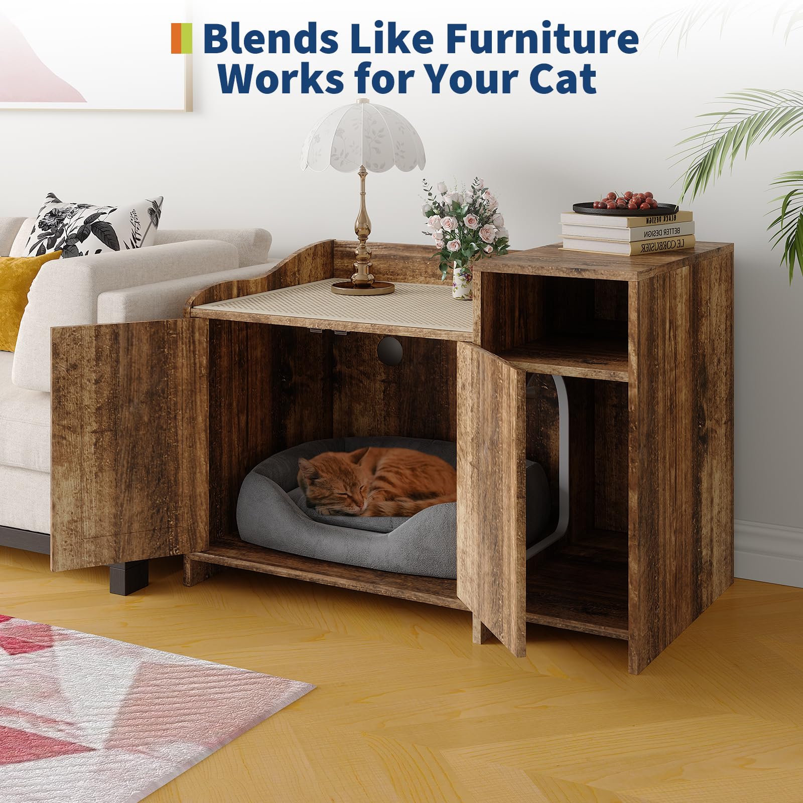 GarveeHome Cat Litter Box Enclosure with Storage Shelve Adn Wooden Barn Door, Hidden Litter Box Cabinet, End Table Style Indoor