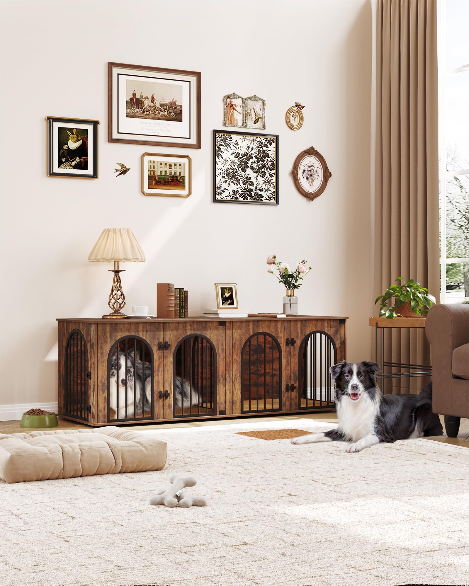 Hzuaneri 88.4 Dog Crate Furniture for 2 Dogs, Heavy Duty Indoor Dog Kennel TV Stand, XXL Wooden Dog Cage with Divider for Medium