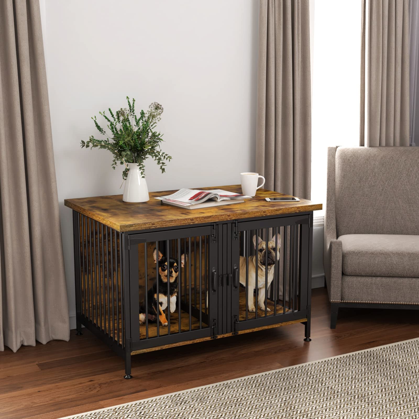 Gdlf Double Dog Crate With Divider For 2 Small Or 1 Dog, Furniture Style Kennel Indoor Cage With Removable Panel (Int.Dims:36.2
