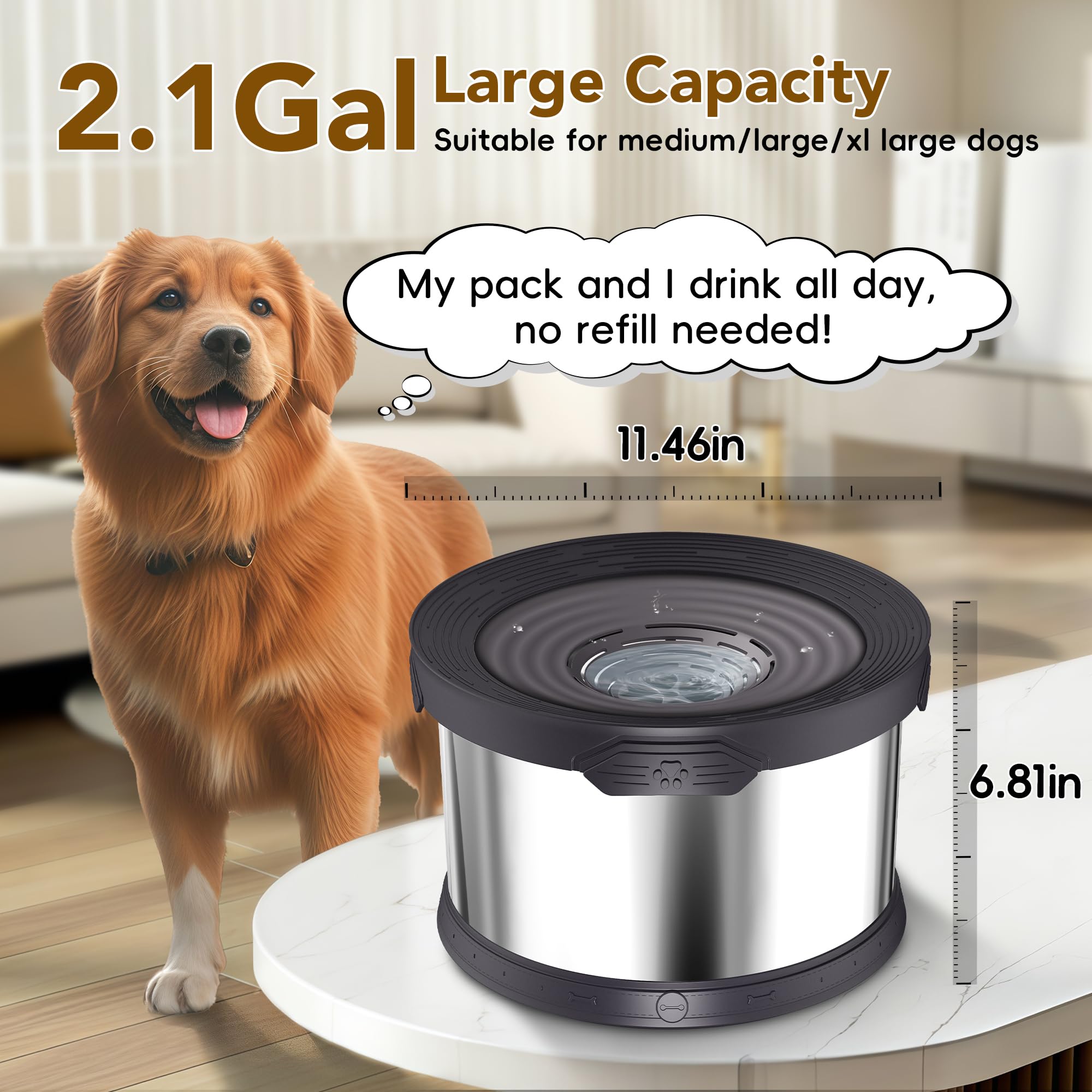 UPSKY Dog Water Bowl - No Spill, 8L Stainless Steel, Black, Anti-Splash, Large Capacity for Messy Drinkers, Model 302