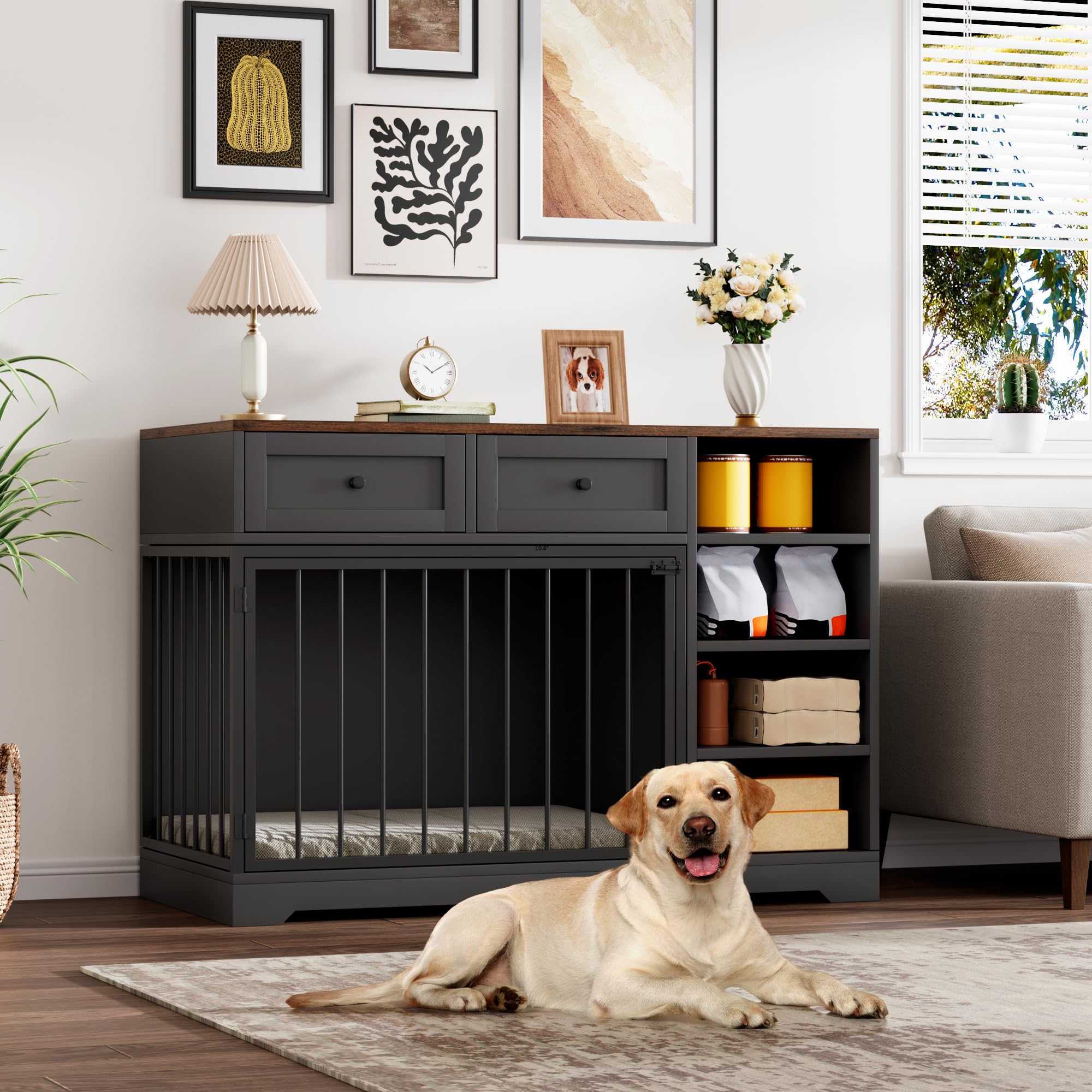 GarveeHome Dog Crate Furniture 47, Large Dog Crate TV Stand with 2 Drawers and 4 Shelves, Wooden Dog Kennel Indoor, Decorative D