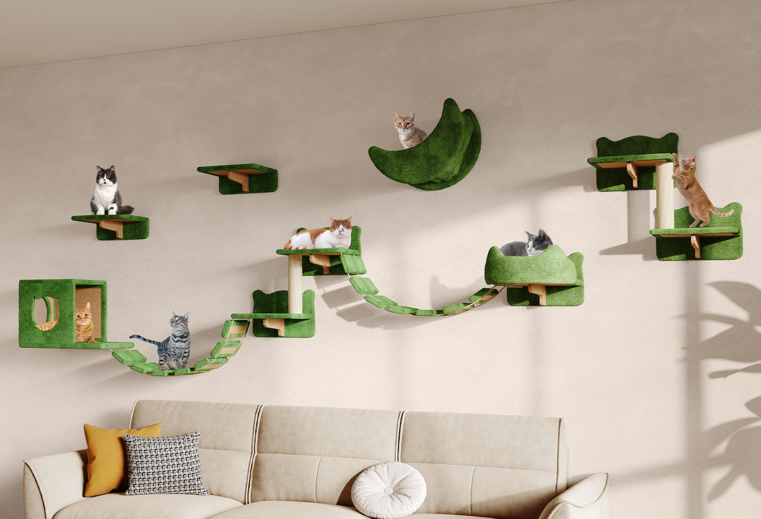 Homiflex 13-in-1 Cat Wall Shelves, Wall Mounted Cats Furniture Set with Plush Fabric, Cat Climbing Wall Systems, Cats Shelf with