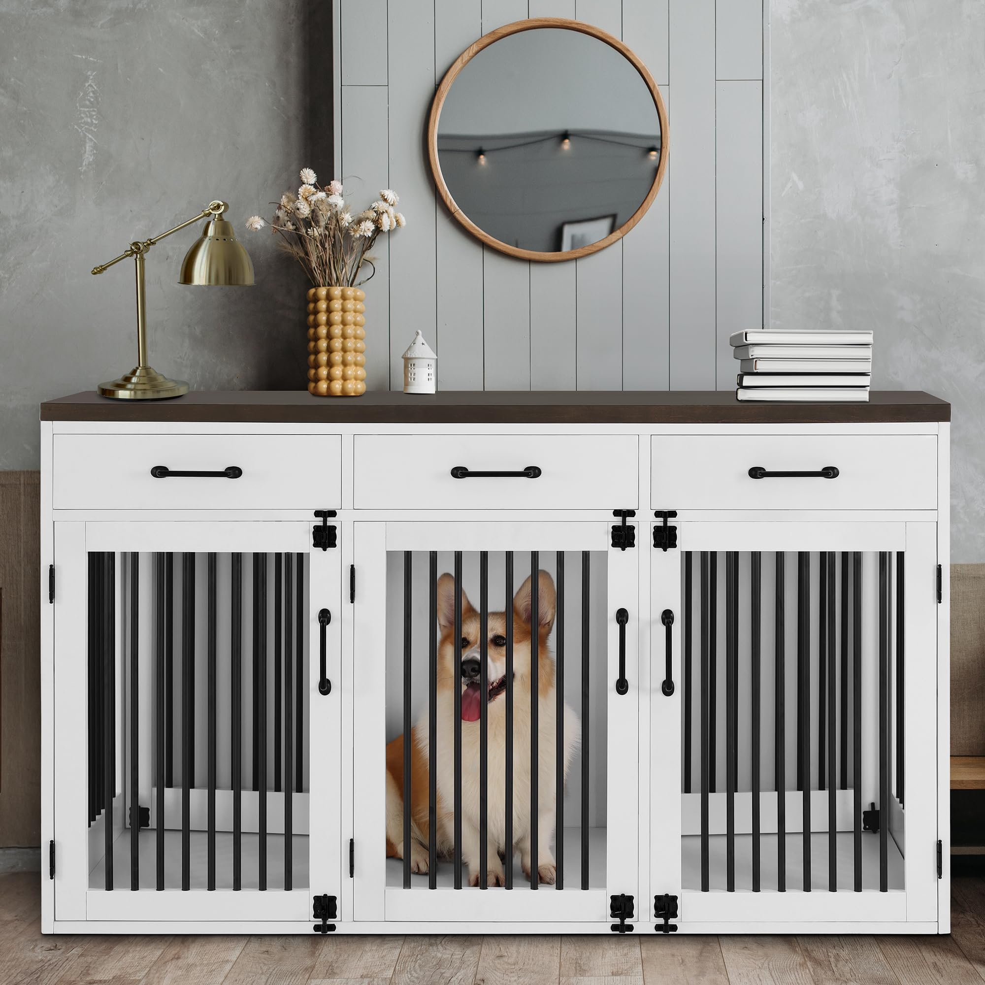 Lovupet Wooden Dog Crate Furniture with Lockable Doors, Removable Dividers, and Drawers, Pet Kennel Table for Small/Medium/Large