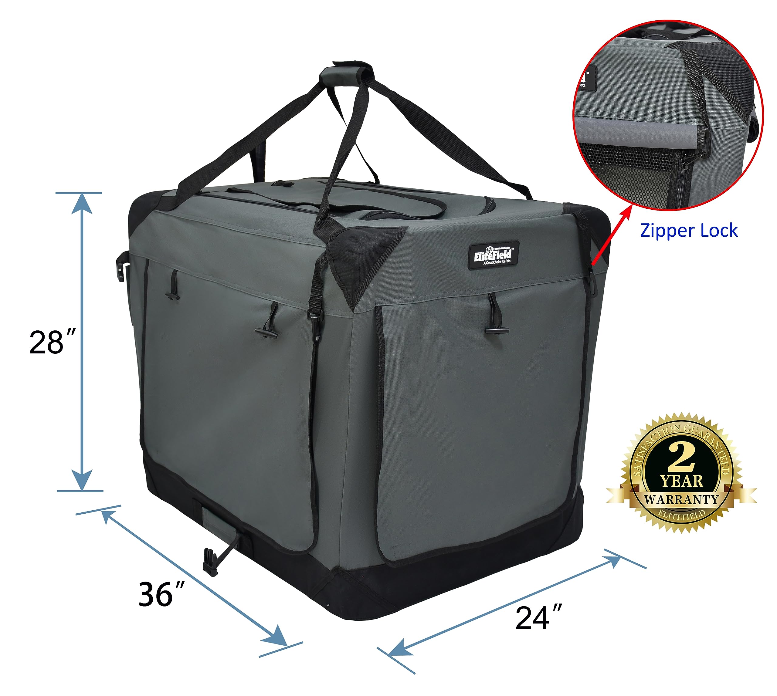 Elitefield 4-Door Folding Soft Dog Crate With Curtains, Carrying Bag And Fleece Bed (2 Year Warranty), Indoor & Outdoor Pet Home (36' L X 24' W X 28' H, Gray+4 Door Curtains)