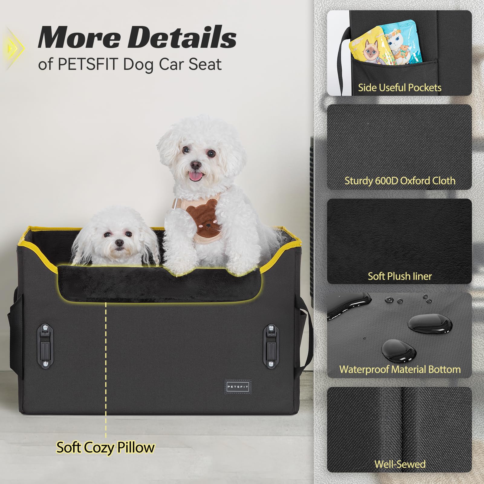 Petsfit Dog Car Booster Seat, Medium Dog Car Seat With 2 Clip-On Safety Leashes, Patented Buckles, Dog Booster Seat For Pets Under 45Lbs (Medium, Black)