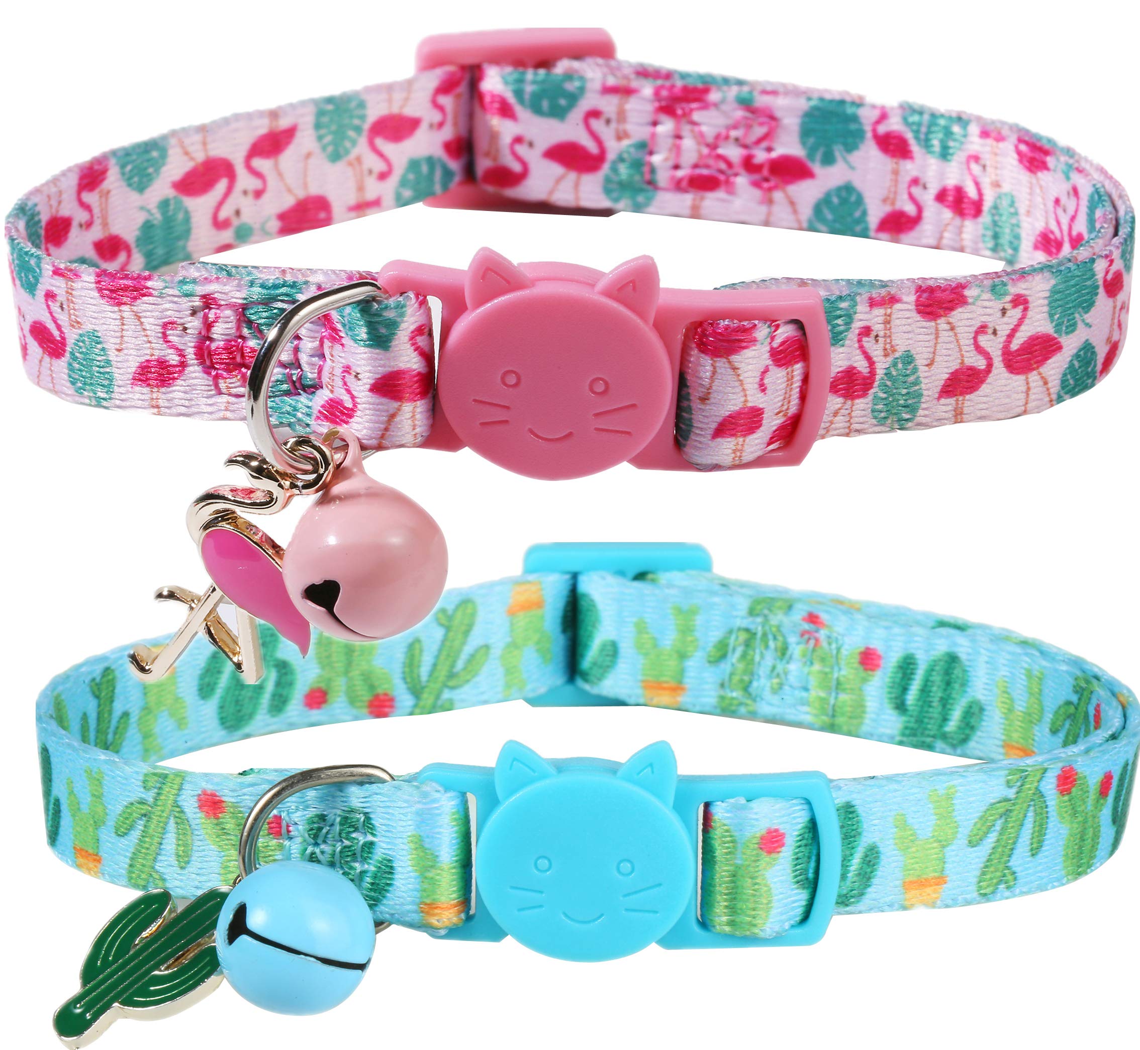 Cactus Cat Collar With Bell And Matching Charm, 2 Pack Breakaway Flamingo Kitten Collar
