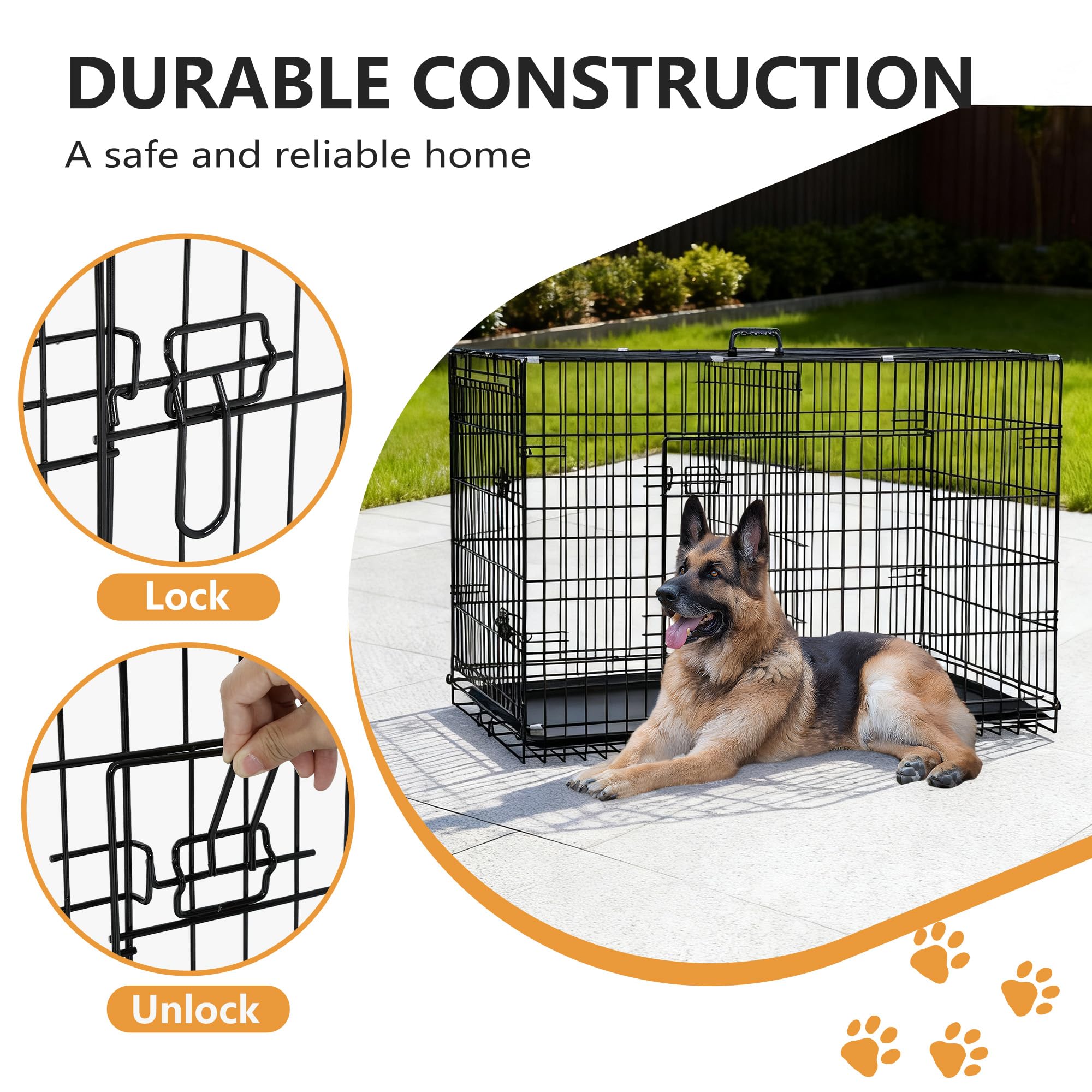 FDW Dog Crate 48-Inch Dog Cage Foldable Metal Kennel with Leakproof Tray Foldable Design Indoor Outdoor Use for XL Large Dogs,Da