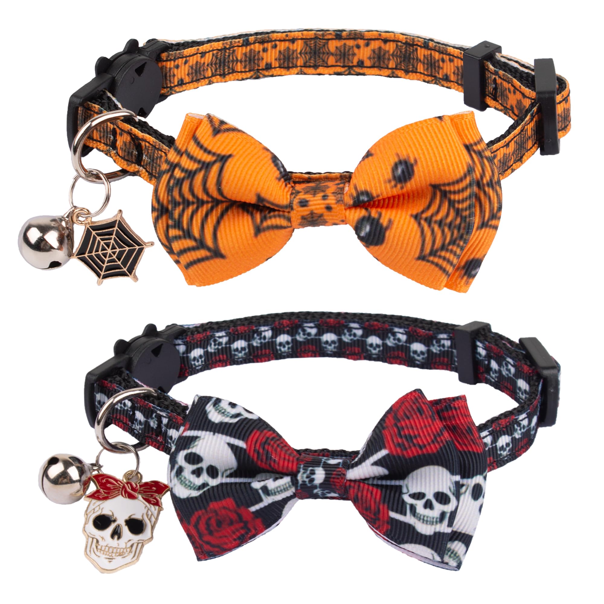 Adoggygo Halloween Cat Collars With Bow Bell, Breakaway Cat Bowtie Collar Spider Web Skull Pattern Halloween Collars For Girl Boy Cats Kittens (Halloween-2)