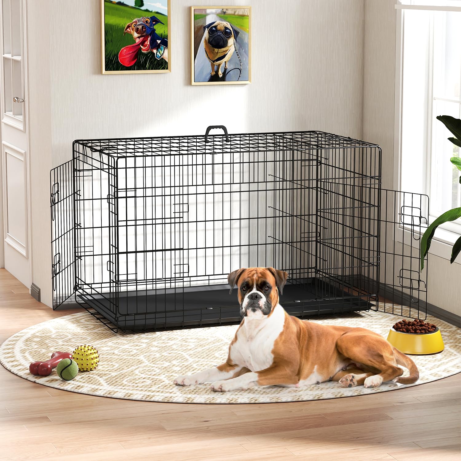 FDW Dog Crate 42-Inch Dog Cage Single Door Foldable Metal Kennel with Leakproof Tray Foldable Design Indoor Outdoor Use for Larg