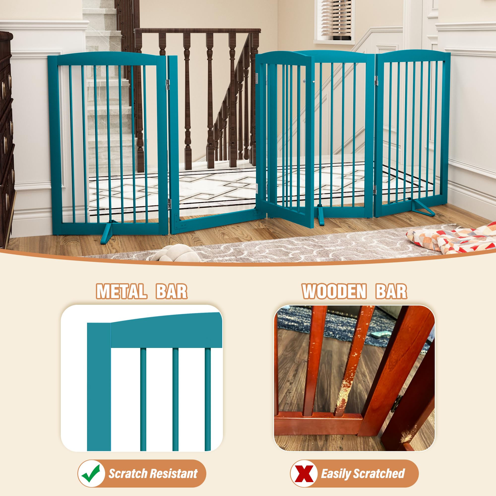 PUPETPO Freestanding Dog Gates with Door Walk Through, Dog Gate for Stairs, 80 inch Wide Dog Gates Indoor, Dog Fences Indoor, Su