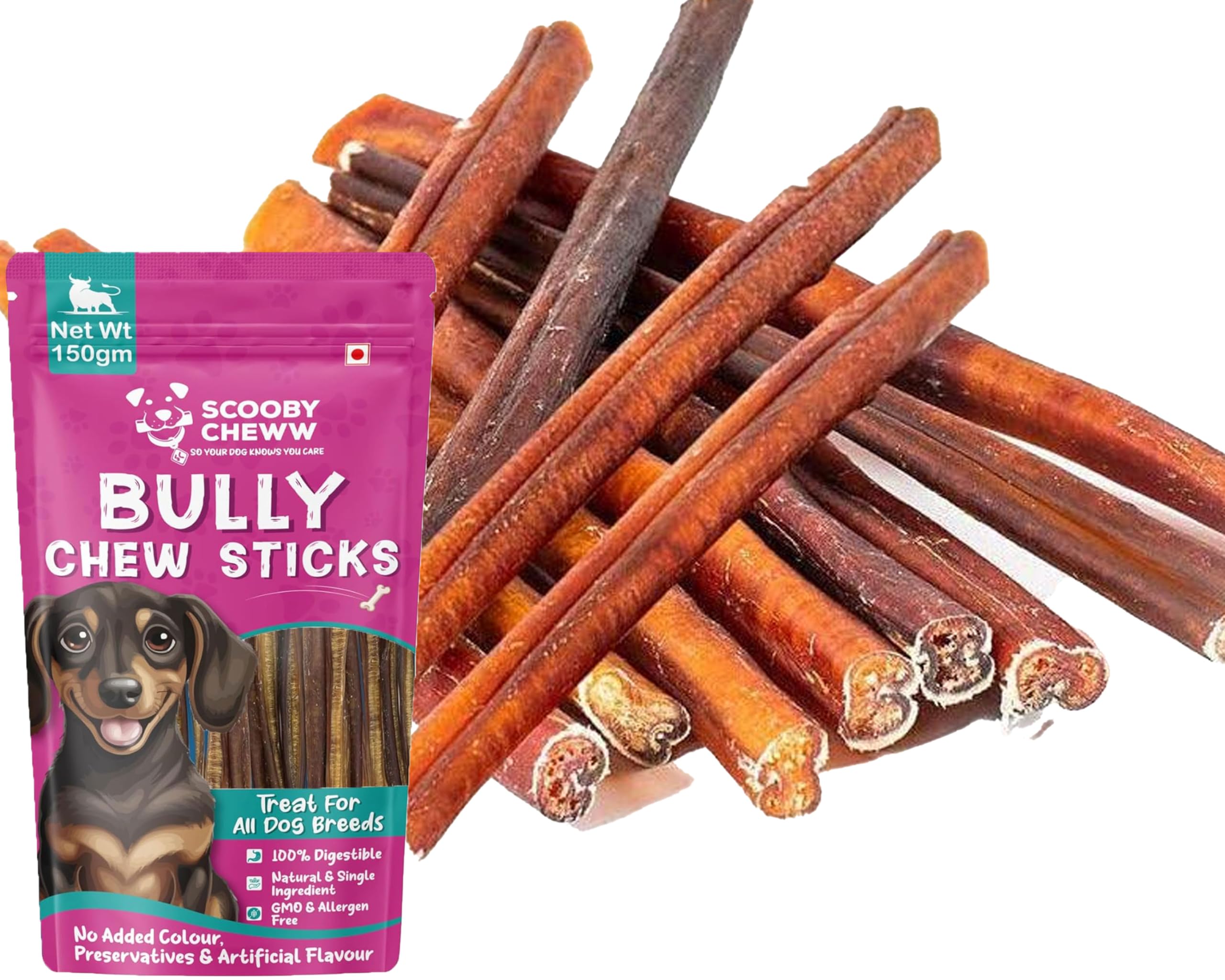 Scooby Cheww Bully Sticks for Dogs 6-Inch, 50 Count Ultra Thin Bully Sticks, Natural Beef Dog Chews, Low-Odor, High-Protein, Gra